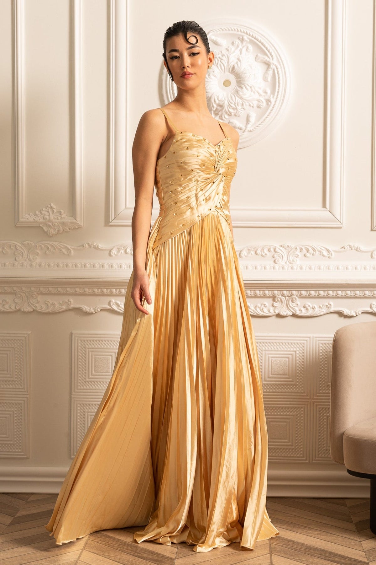 Cascade Gown With Back Lace Detail - Gold
