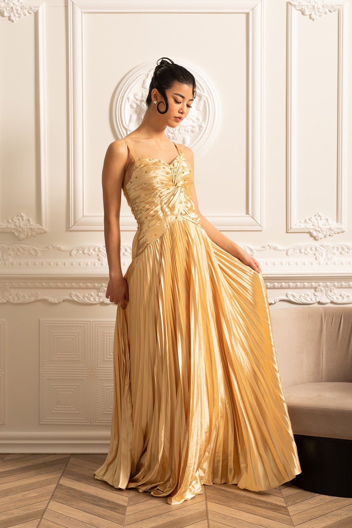 Cascade Gown With Back Lace Detail - Gold