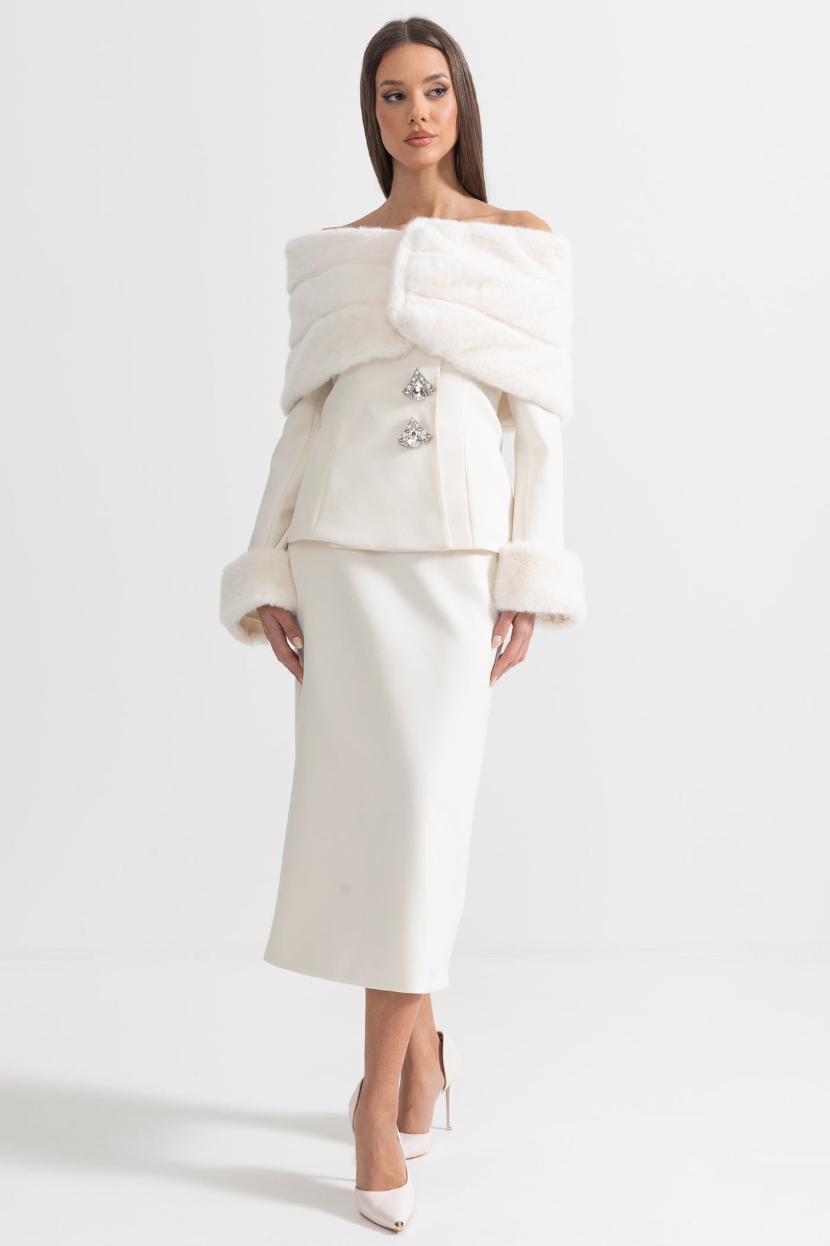 Two-Piece Ensemble With Faux Fur Shawl, Cuffs And Midi Skirt - White