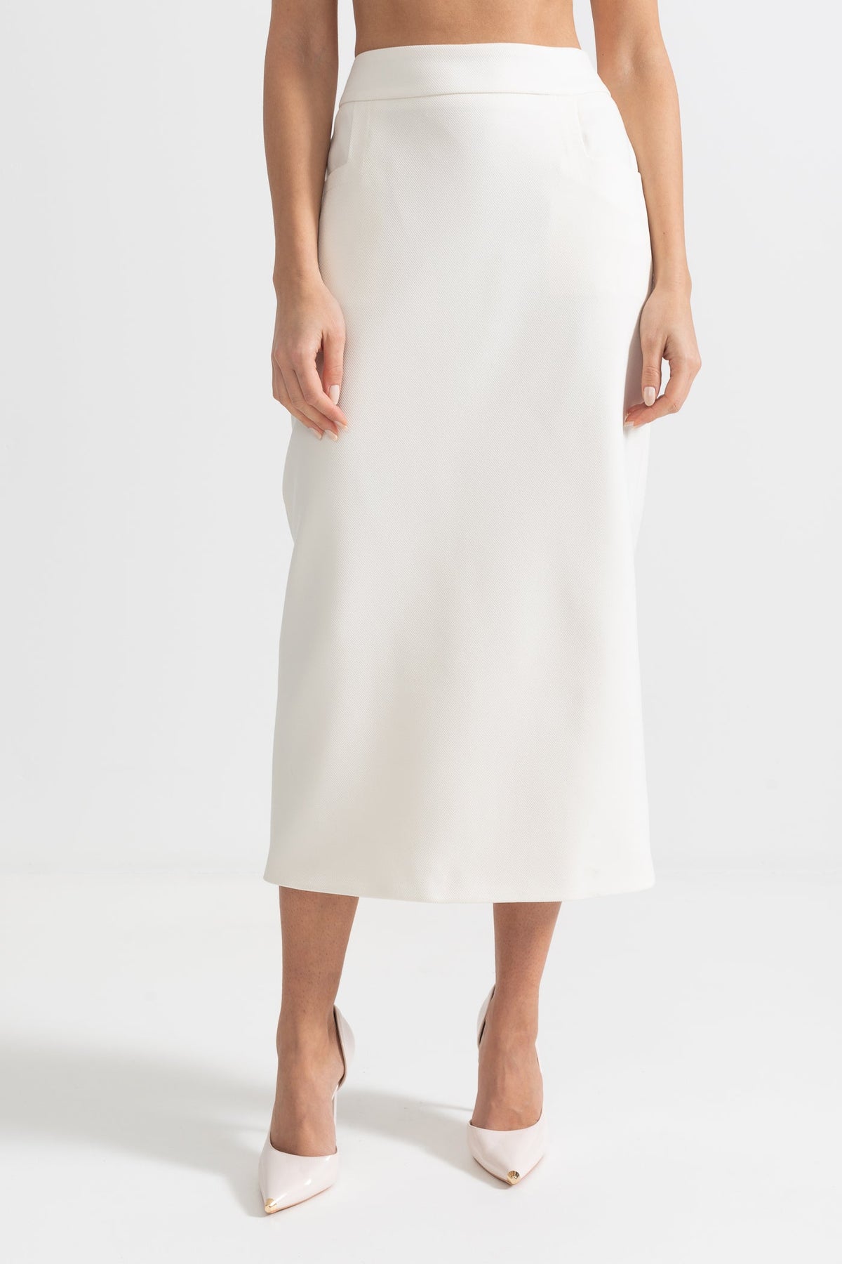 Two-Piece Ensemble With Faux Fur Shawl, Cuffs And Midi Skirt - White
