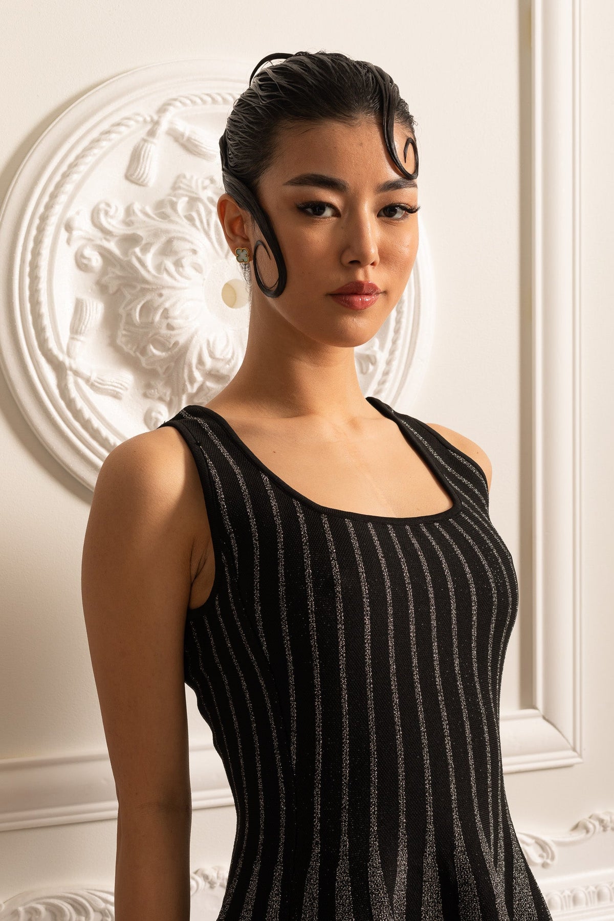 Elegant Mini Dress With Shimmering Silver Vertical Stripes - Black