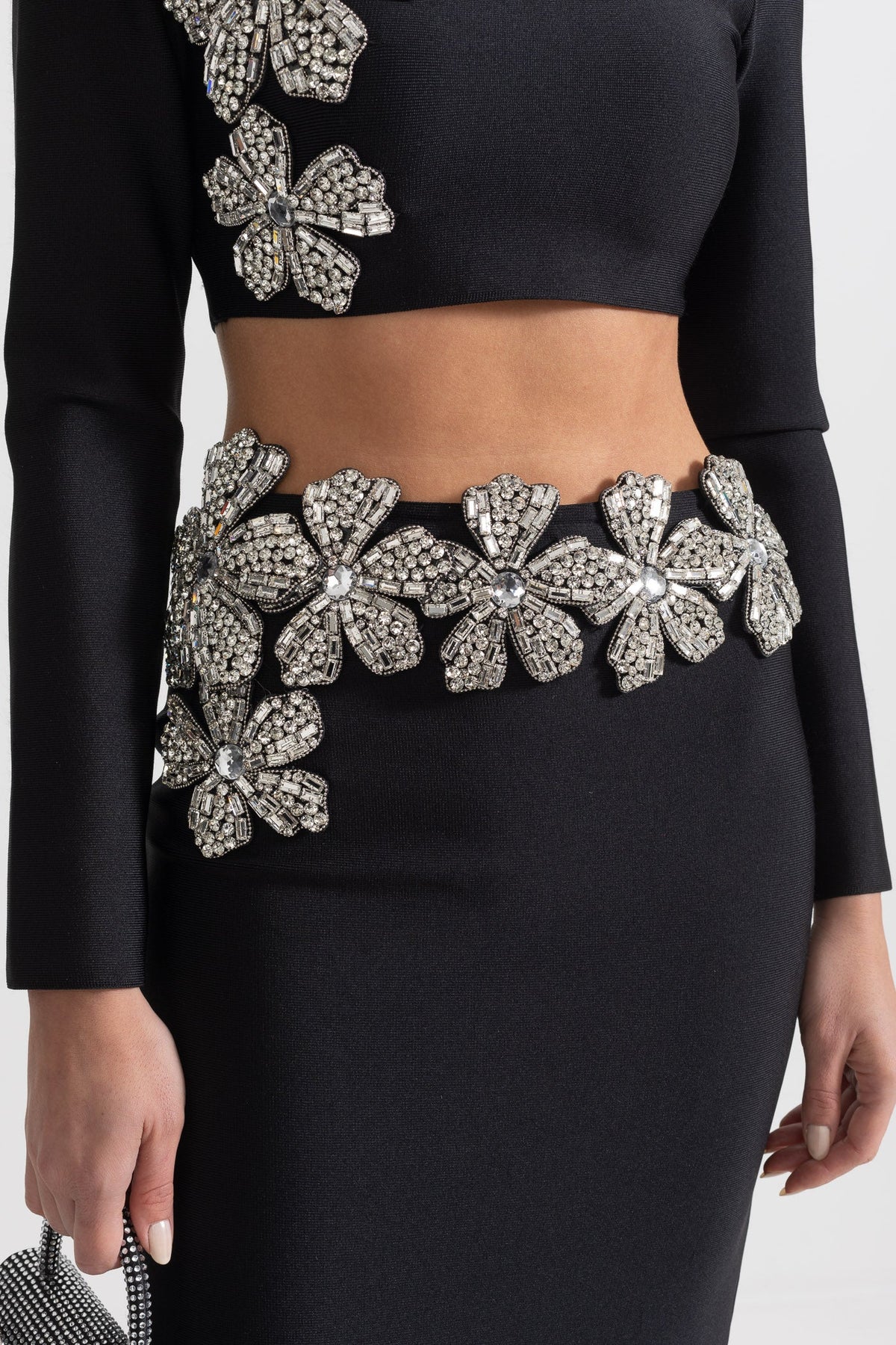 Madison Diamond Flower Accent 2 Piece Set With Long Sleeves Top And Maxi Skirt - Black