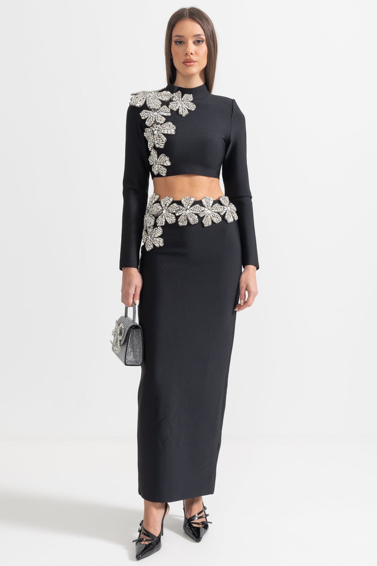 Madison Diamond Flower Accent 2 Piece Set With Long Sleeves Top And Maxi Skirt - Black