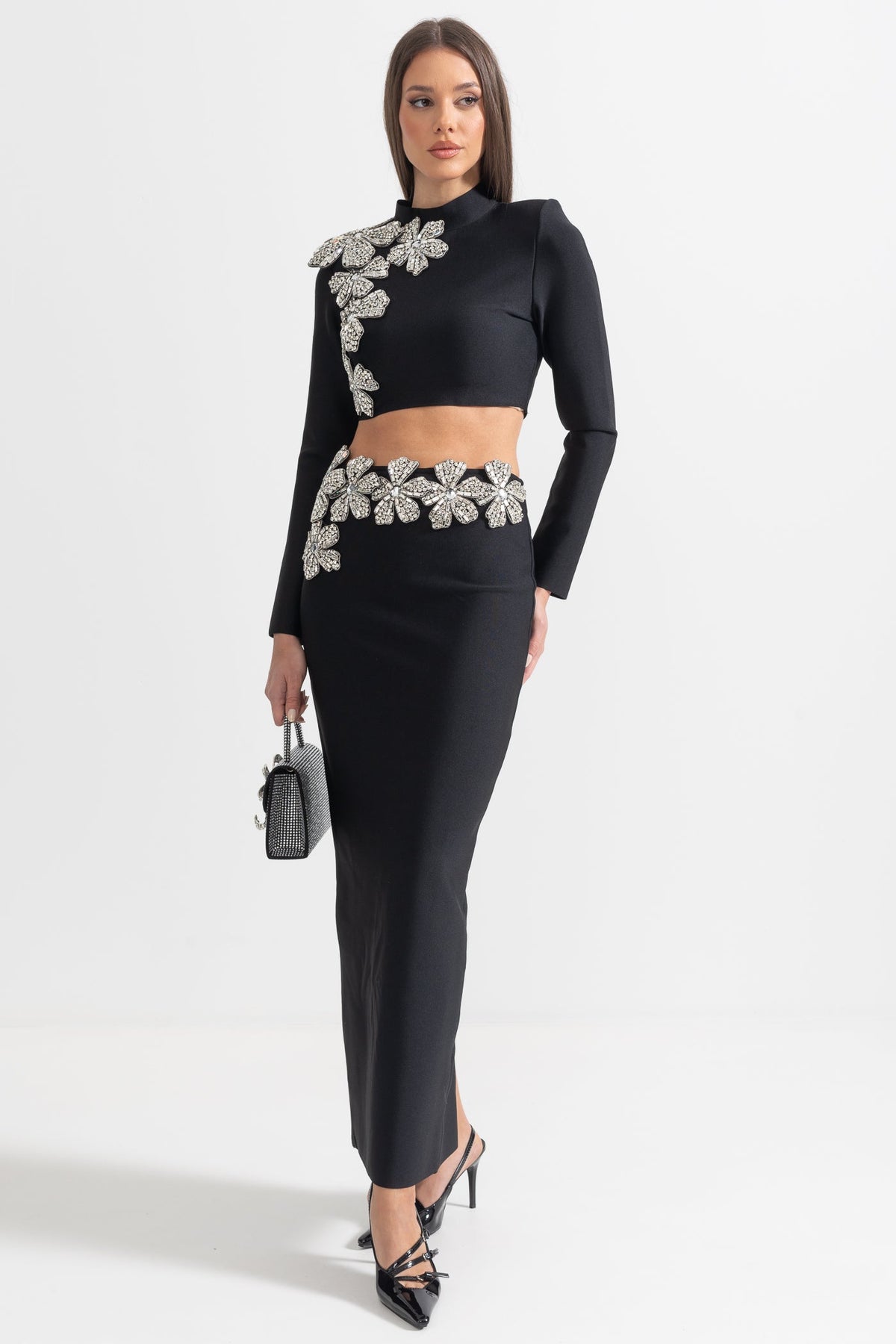 Madison Diamond Flower Accent 2 Piece Set With Long Sleeves Top And Maxi Skirt - Black