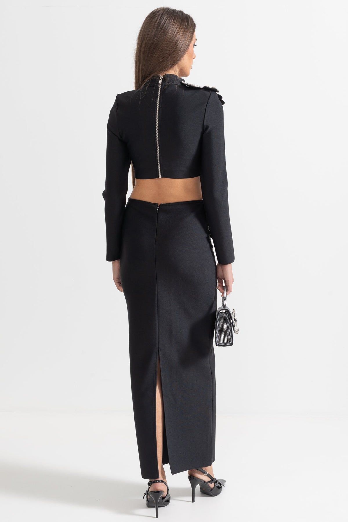 Madison Diamond Flower Accent 2 Piece Set With Long Sleeves Top And Maxi Skirt - Black