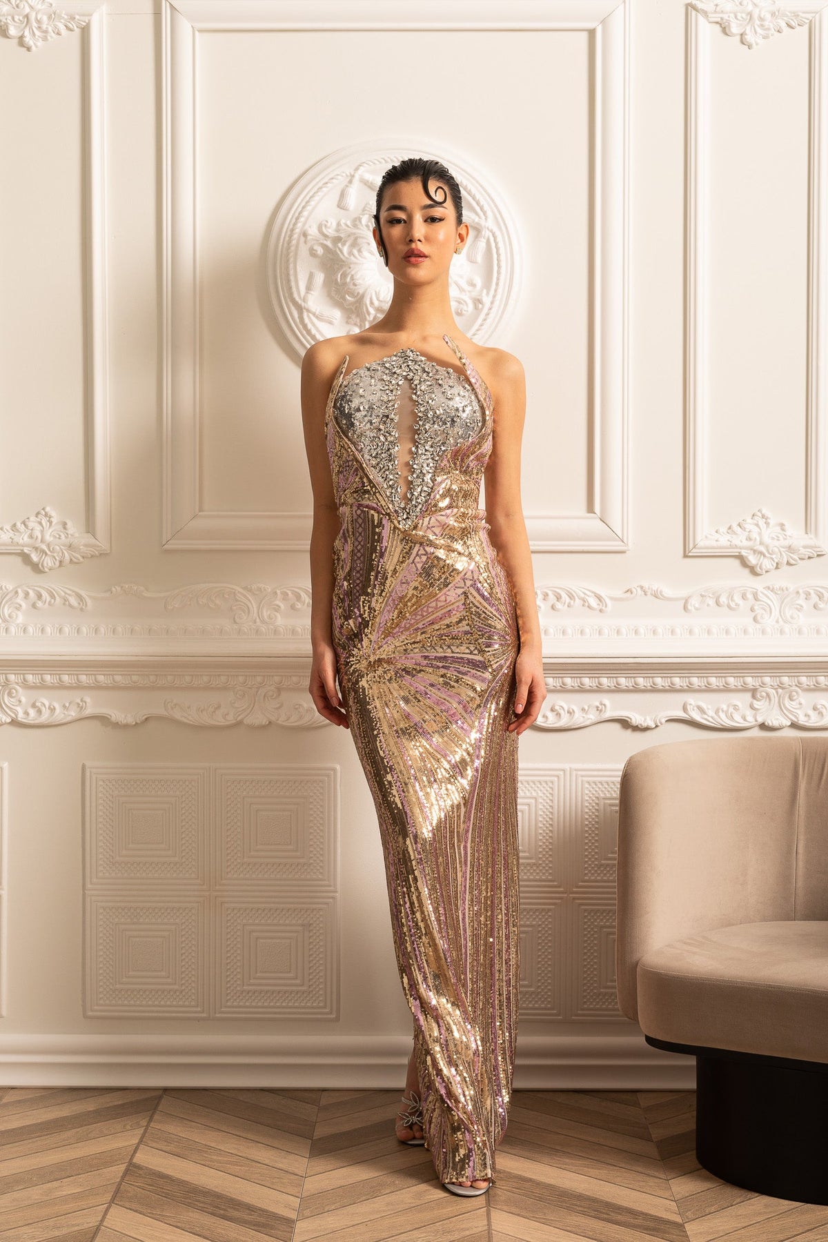 Sequin Embellished Gown With Silver Chest Piece - Gold