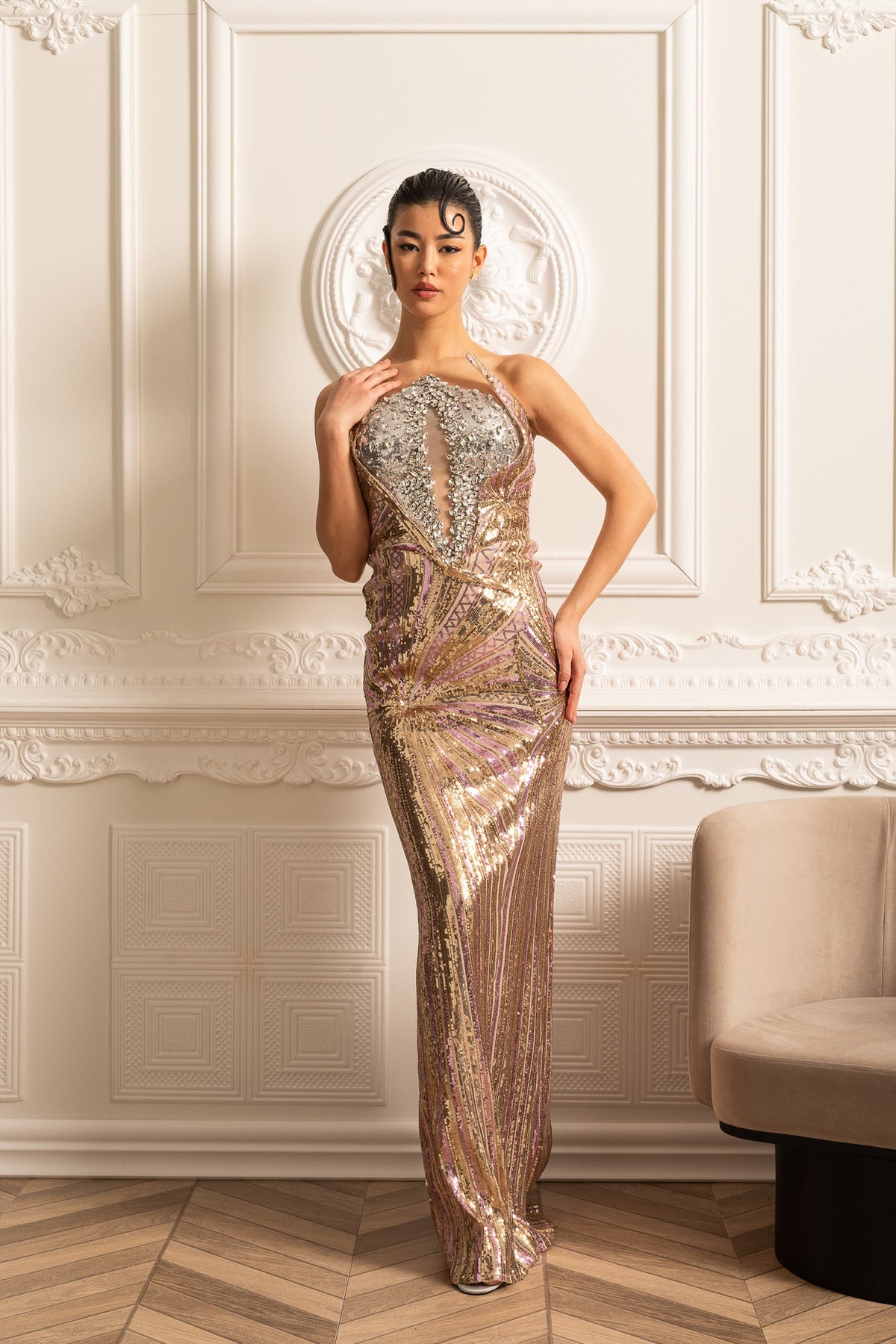 Sequin Embellished Gown With Silver Chest Piece - Gold