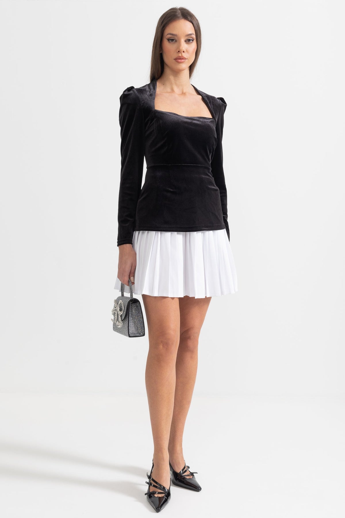Two-Piece Velvet Ensemble With Contrasting Pleated Skirt - Black