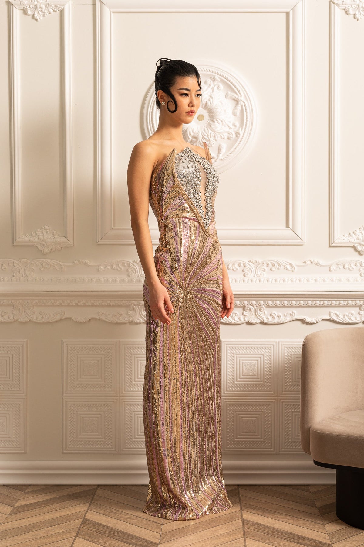 Sequin Embellished Gown With Silver Chest Piece - Gold