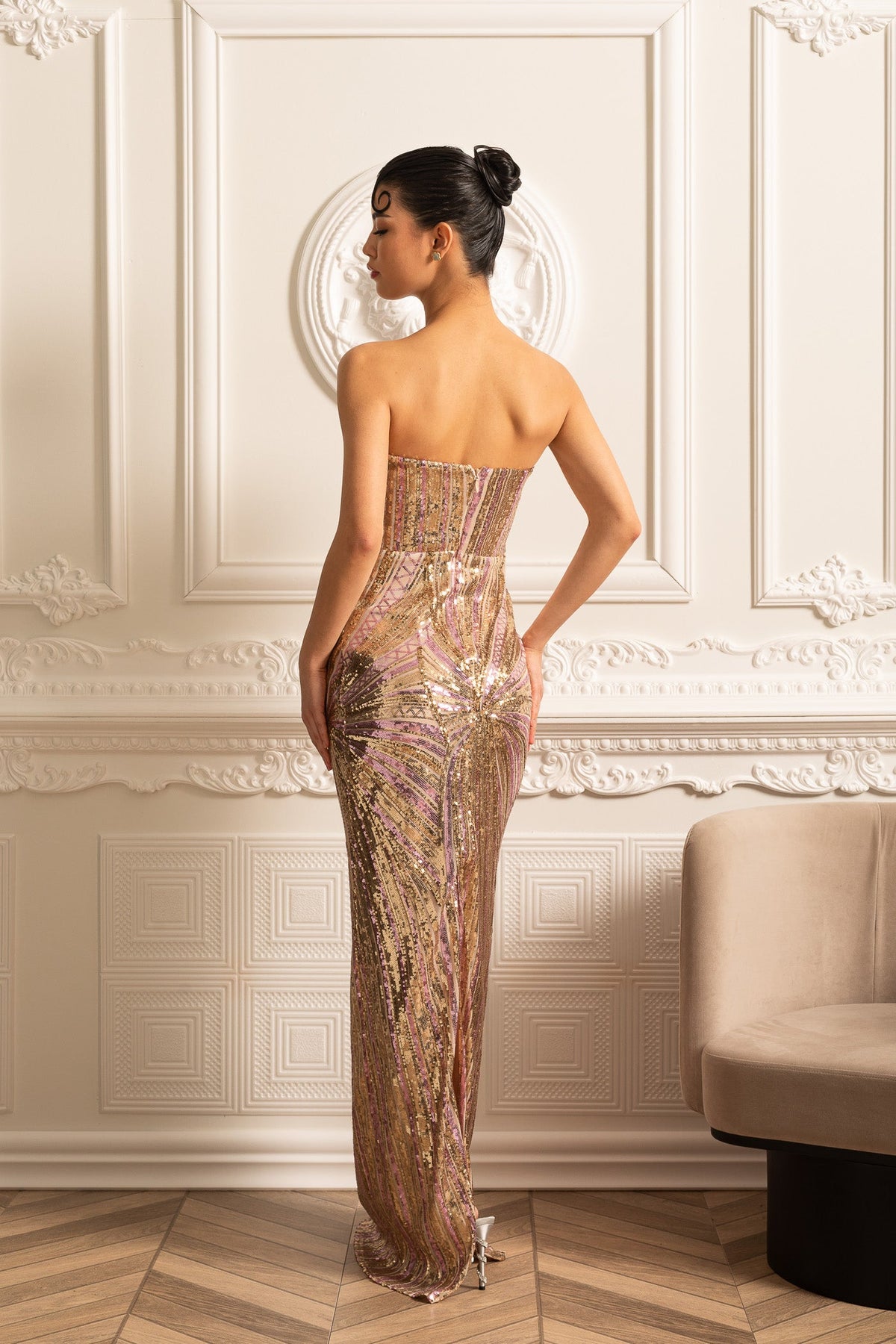 Sequin Embellished Gown With Silver Chest Piece - Gold