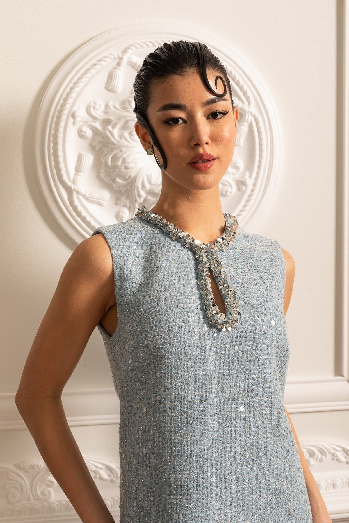 Textured Sleeveless Mini Dress With Sparkling Collar Details  - Blue