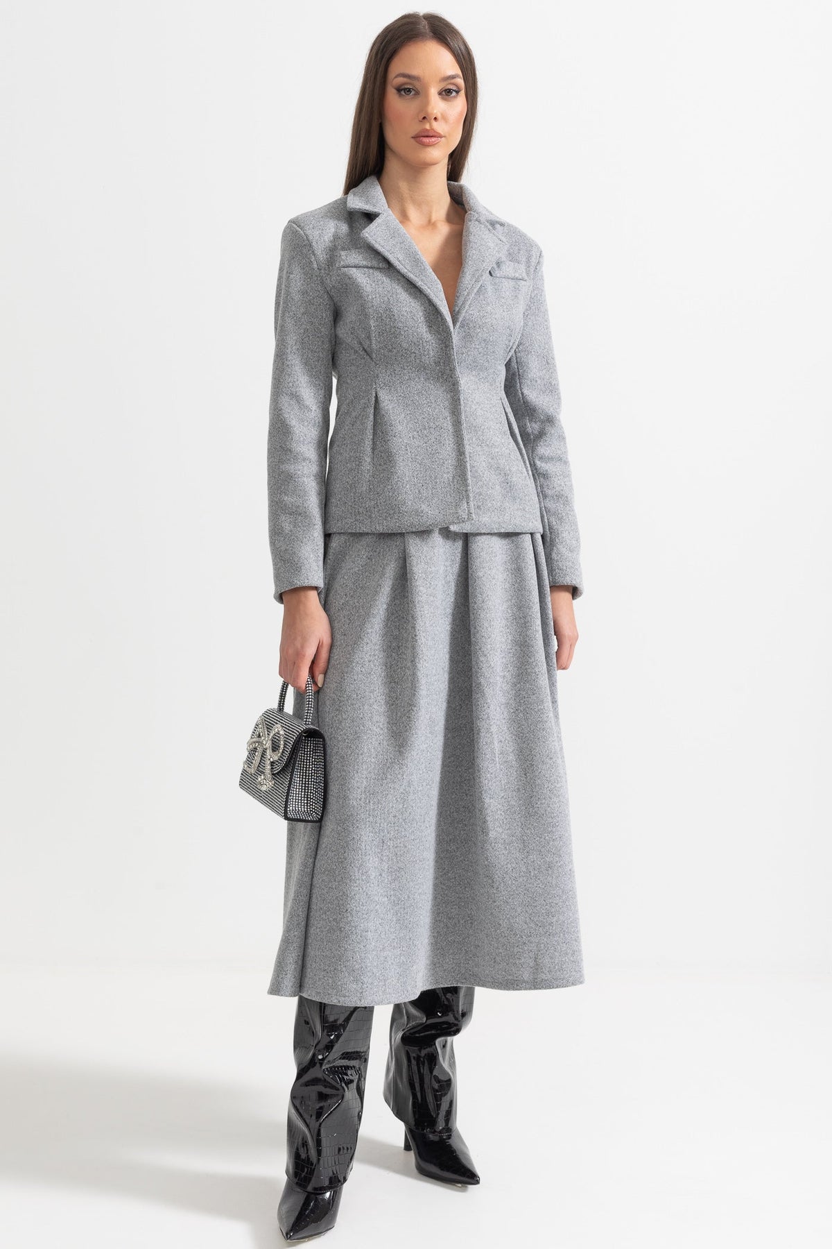 Elegant Two-Piece Tailored Blazer And Pleated Skirt Ensemble - Gray