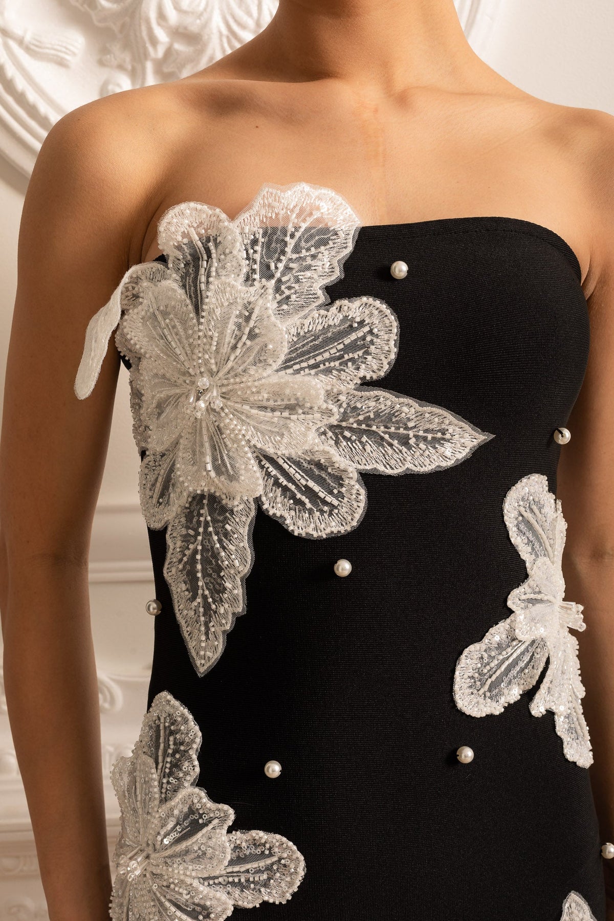 Strapless Mini Dress With Contrasting Lace Flower Embellishments - Black