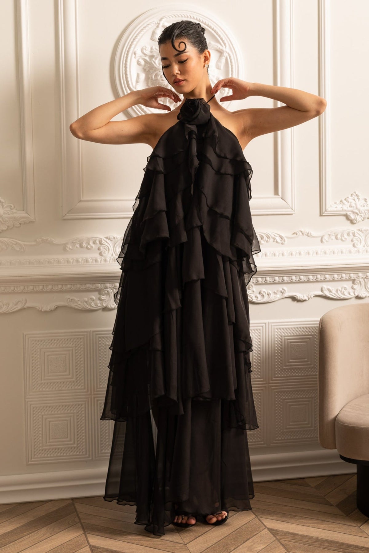 Layered Ruffle Halter Dress With Decorative Neckline Flower - Black