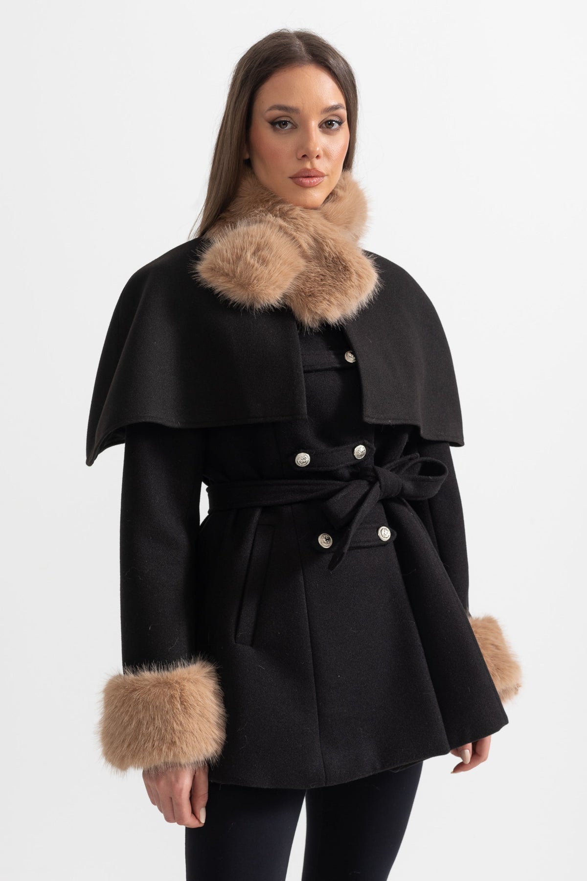 Double-Breasted Coat With Detachable Cape - Black