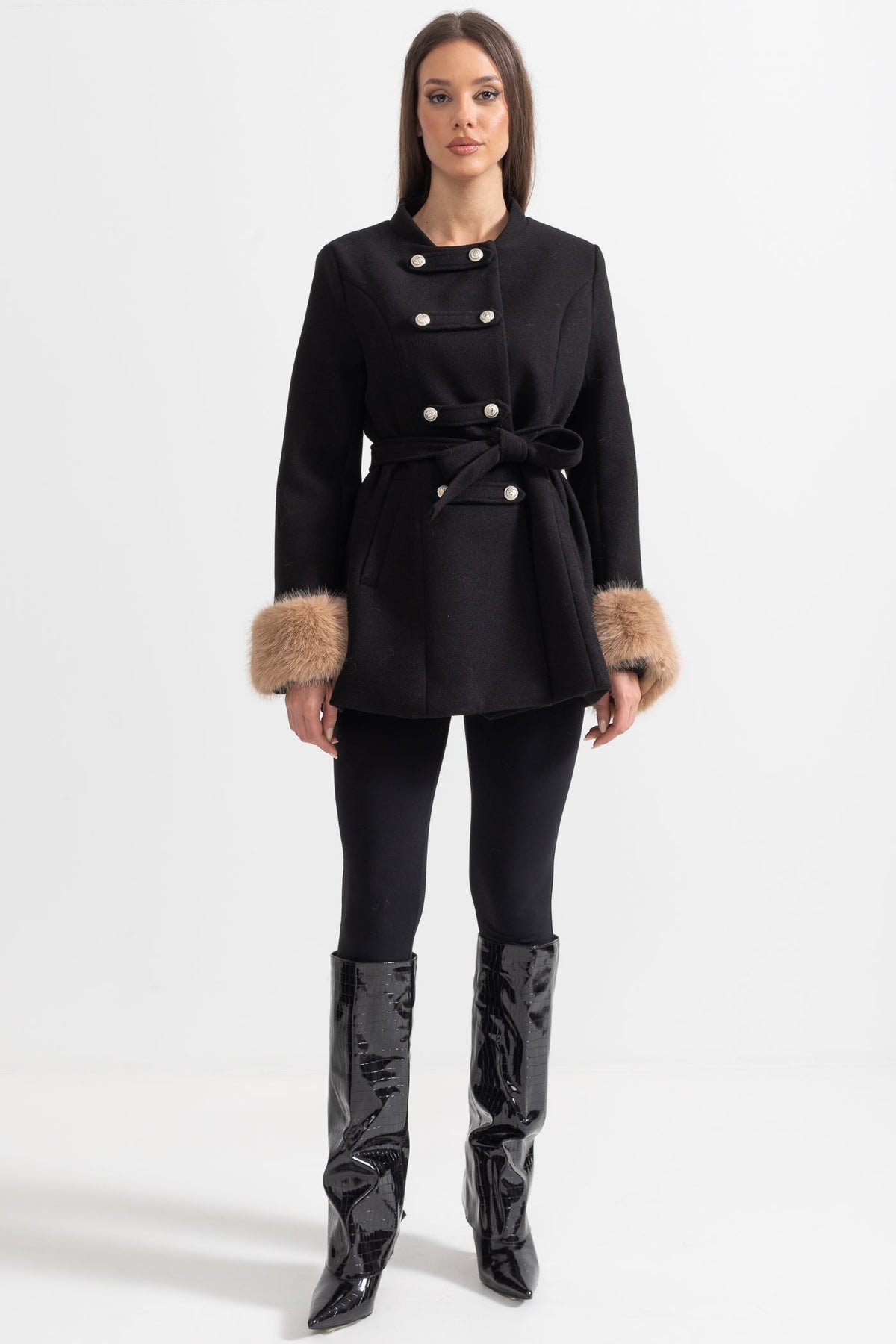 Double-Breasted Coat With Detachable Cape - Black