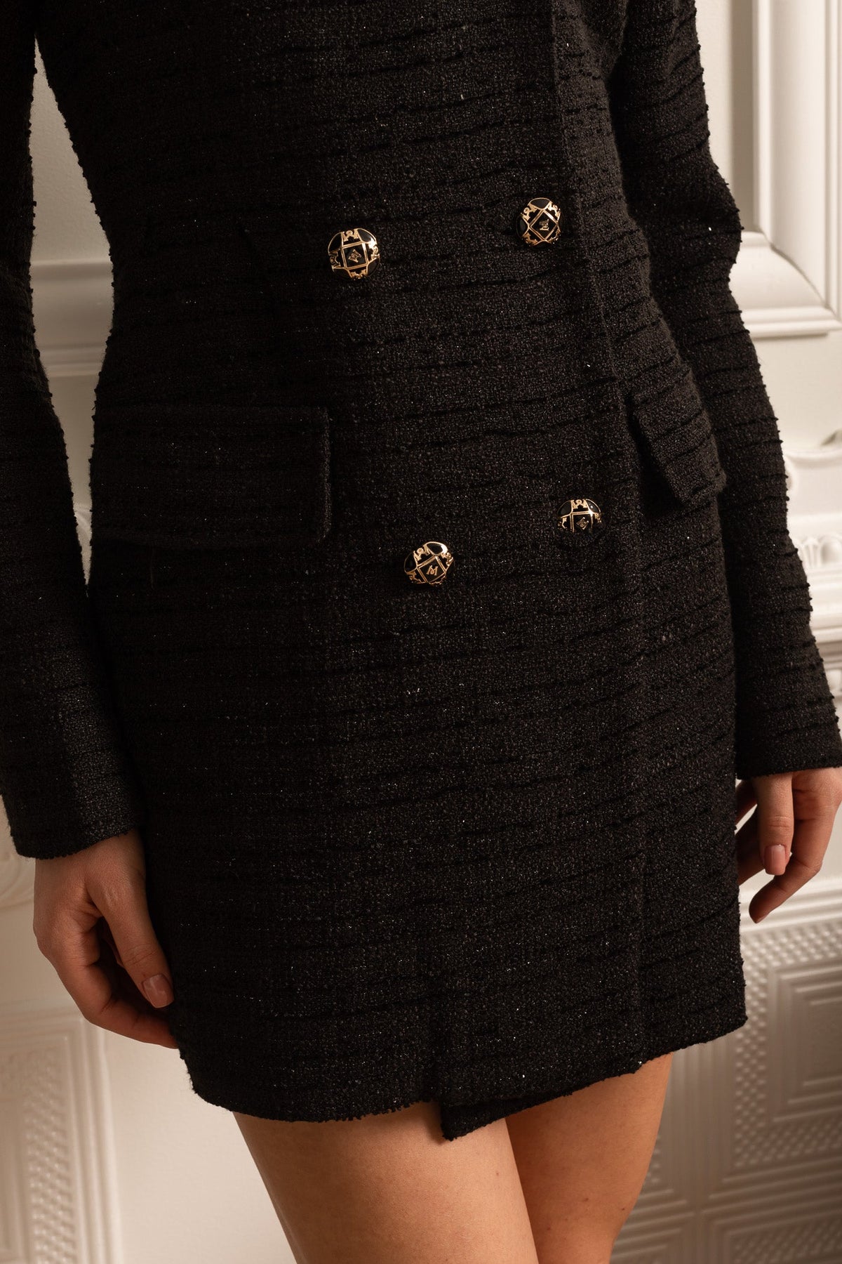 Double-Breasted Textured Dress With Decorative Gold Buttons - Black