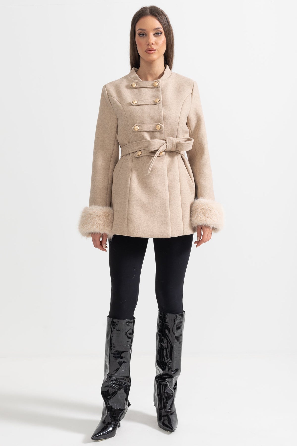 Double-Breasted Coat With Detachable Cape - Beige