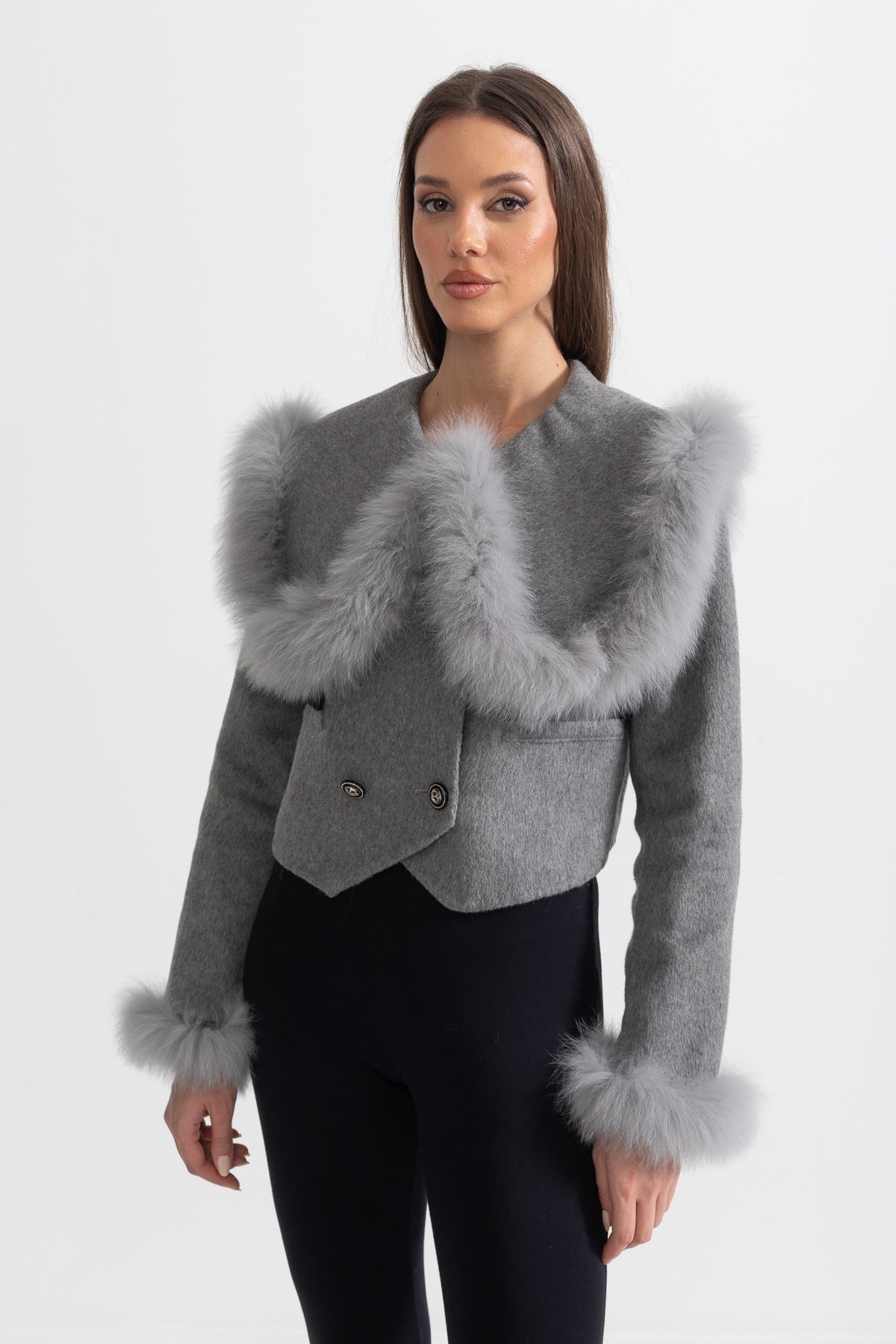 Double Breasted Cropped Jacket With Fur Collar Embellishment - Gray