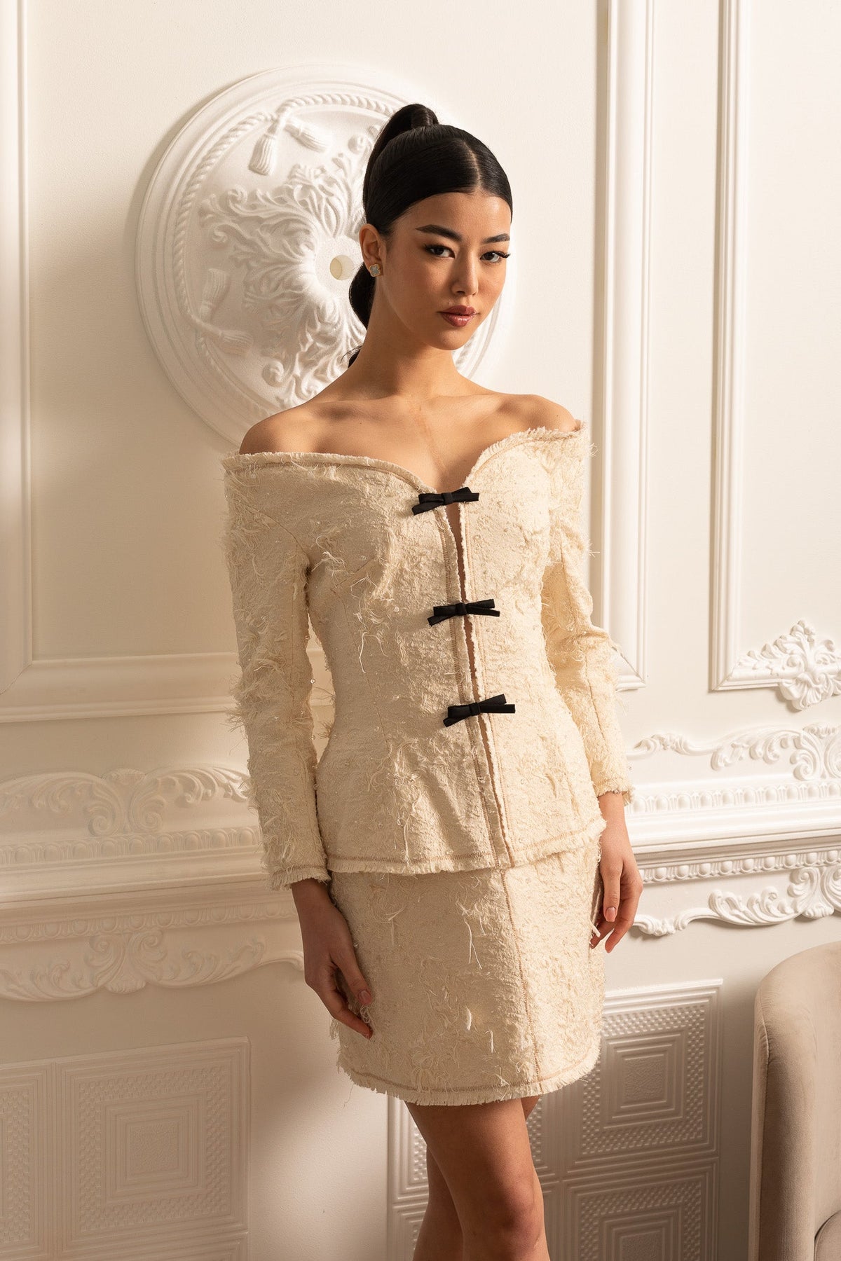 Textured Off-Shoulder Co-ord With Black Bow Accents - Ivoire