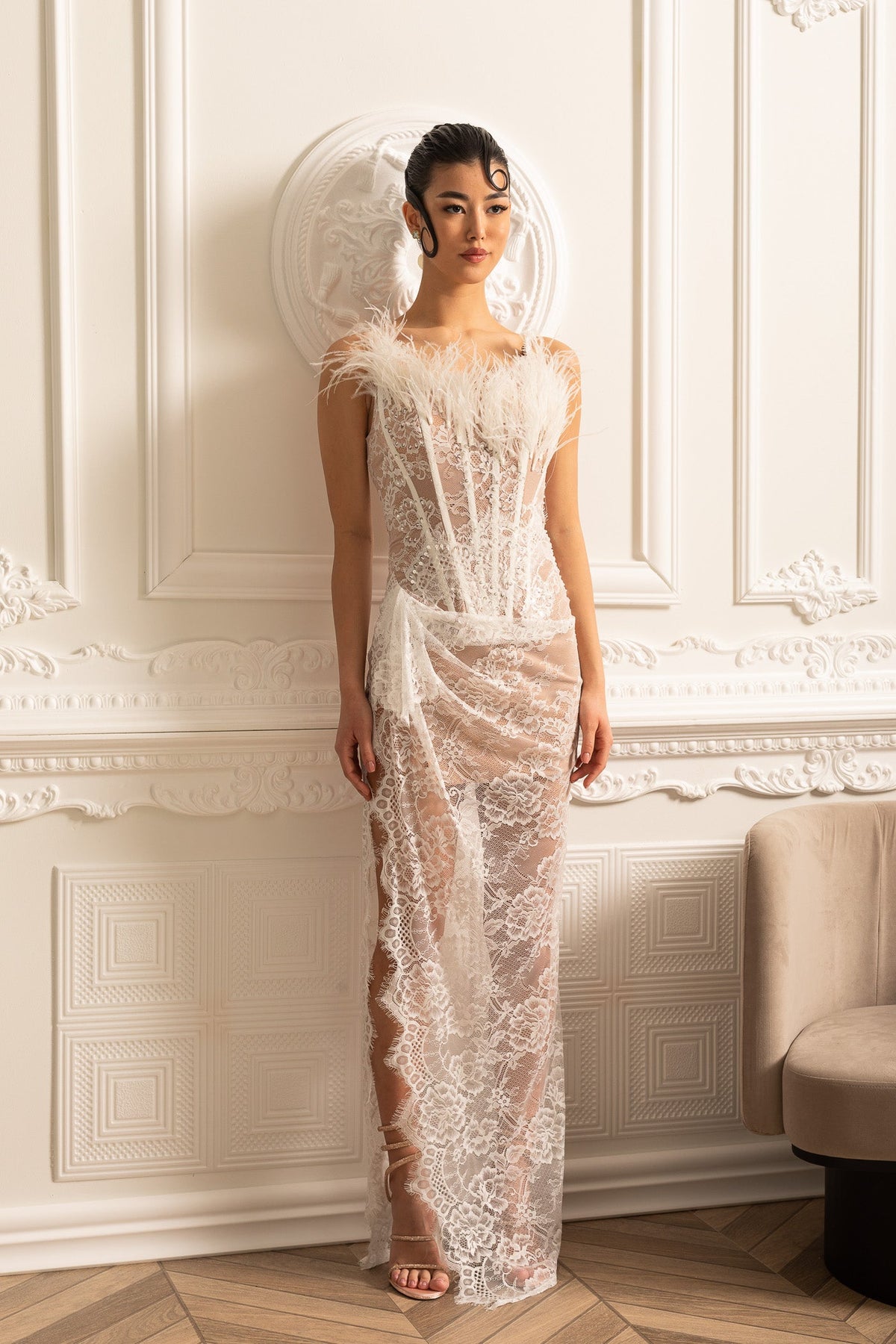Delicate Lace Gown With Feather Embellished Neckline - White