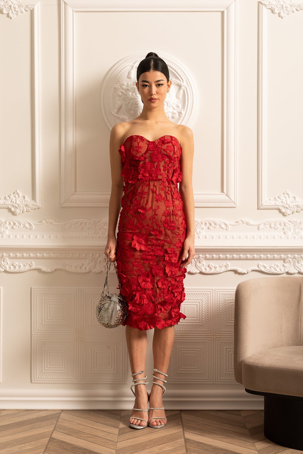 Sheer Embroidered Dress With Intricate Floral Pattern - Red