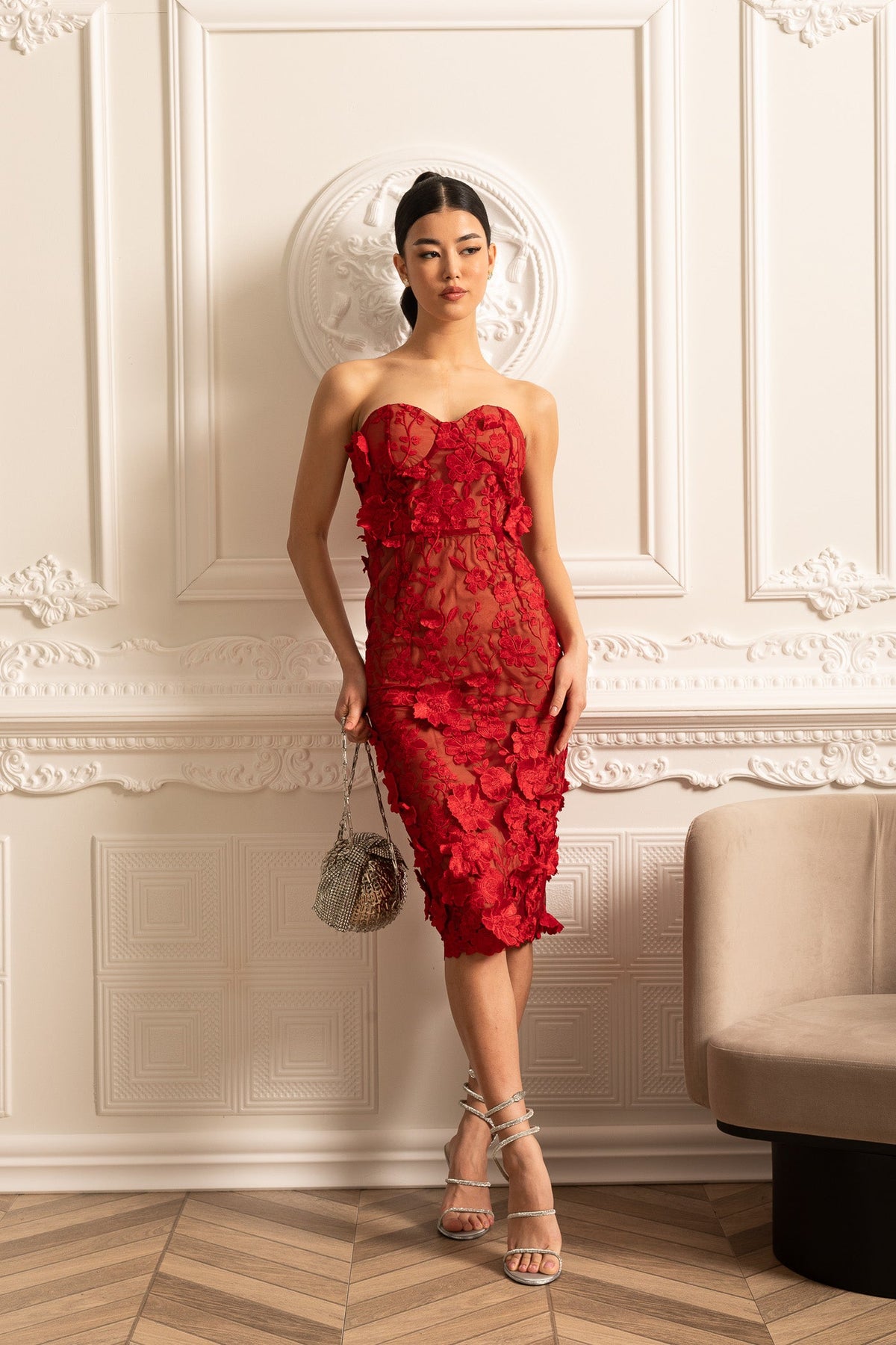 Sheer Embroidered Dress With Intricate Floral Pattern - Red