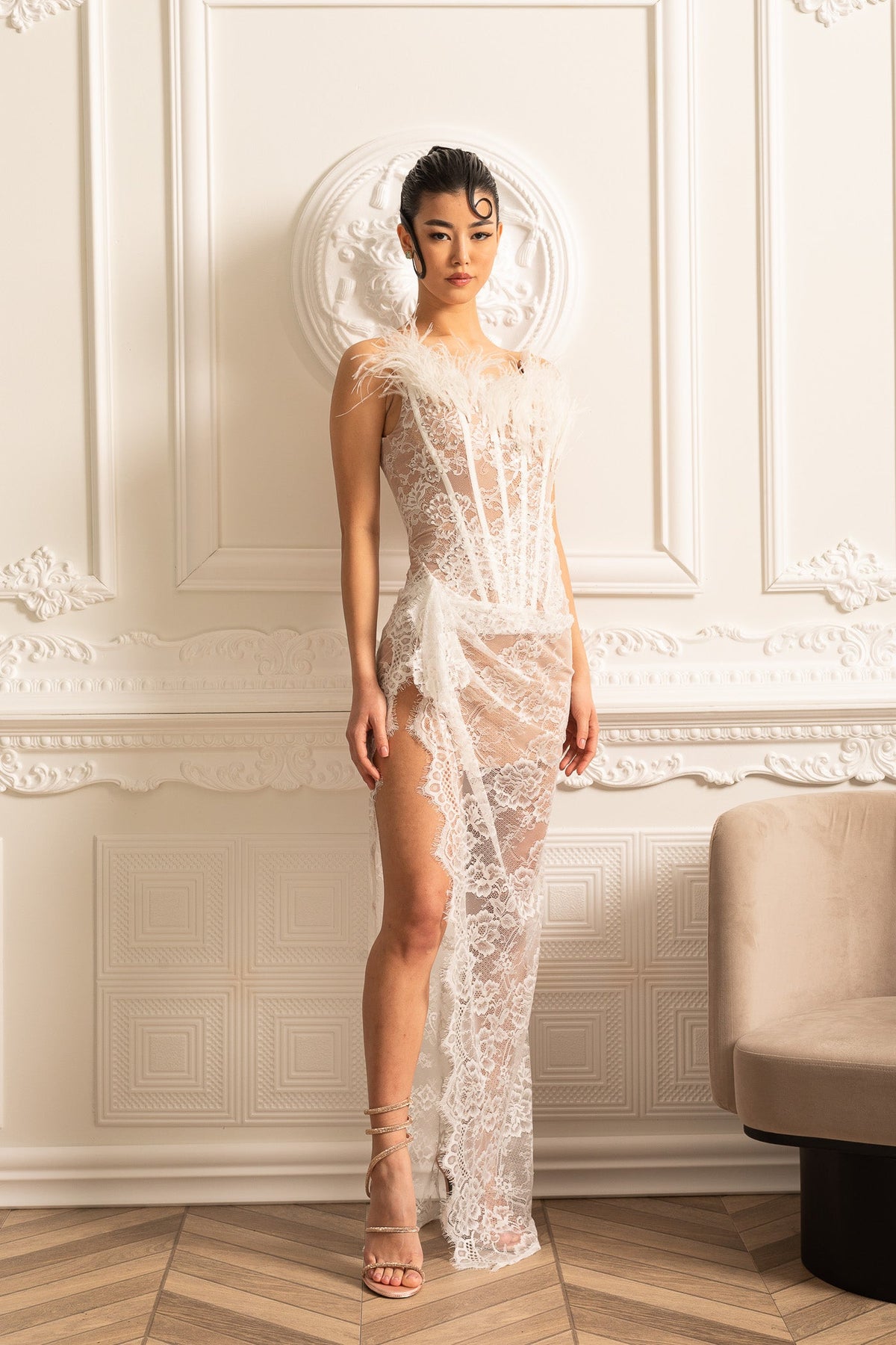 Delicate Lace Gown With Feather Embellished Neckline - White