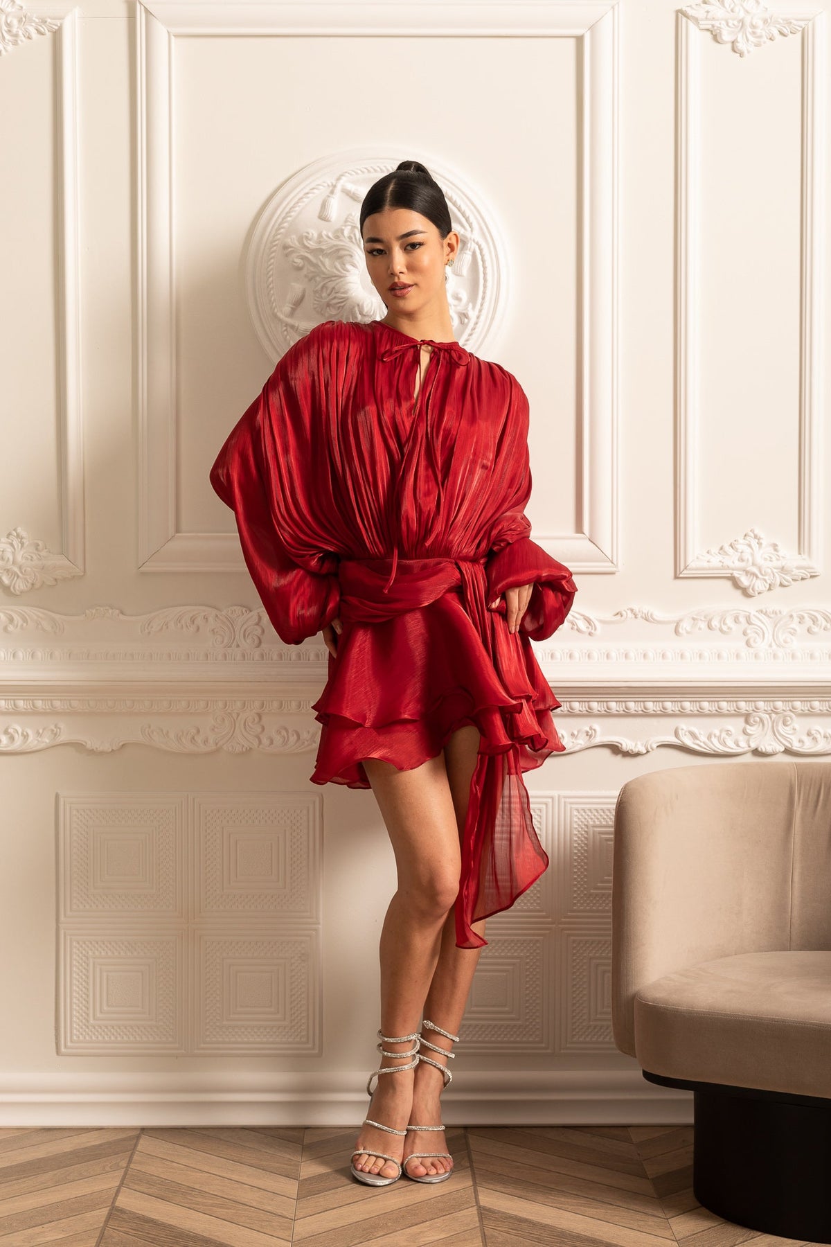 Draped Long-Sleeved Dress with Mini Skirt And Ruched Waistband - Red