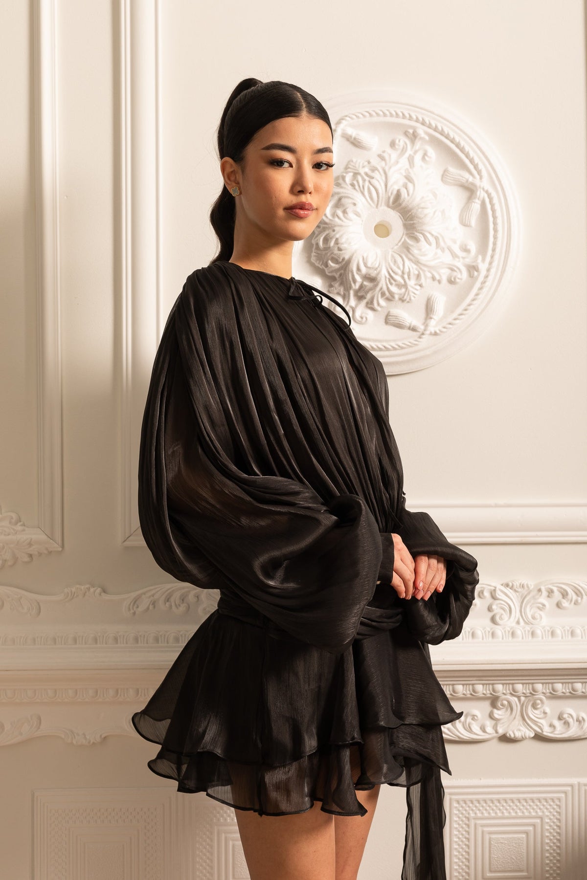 Draped Long-Sleeved Dress with Mini Skirt And Ruched Waistband - Black