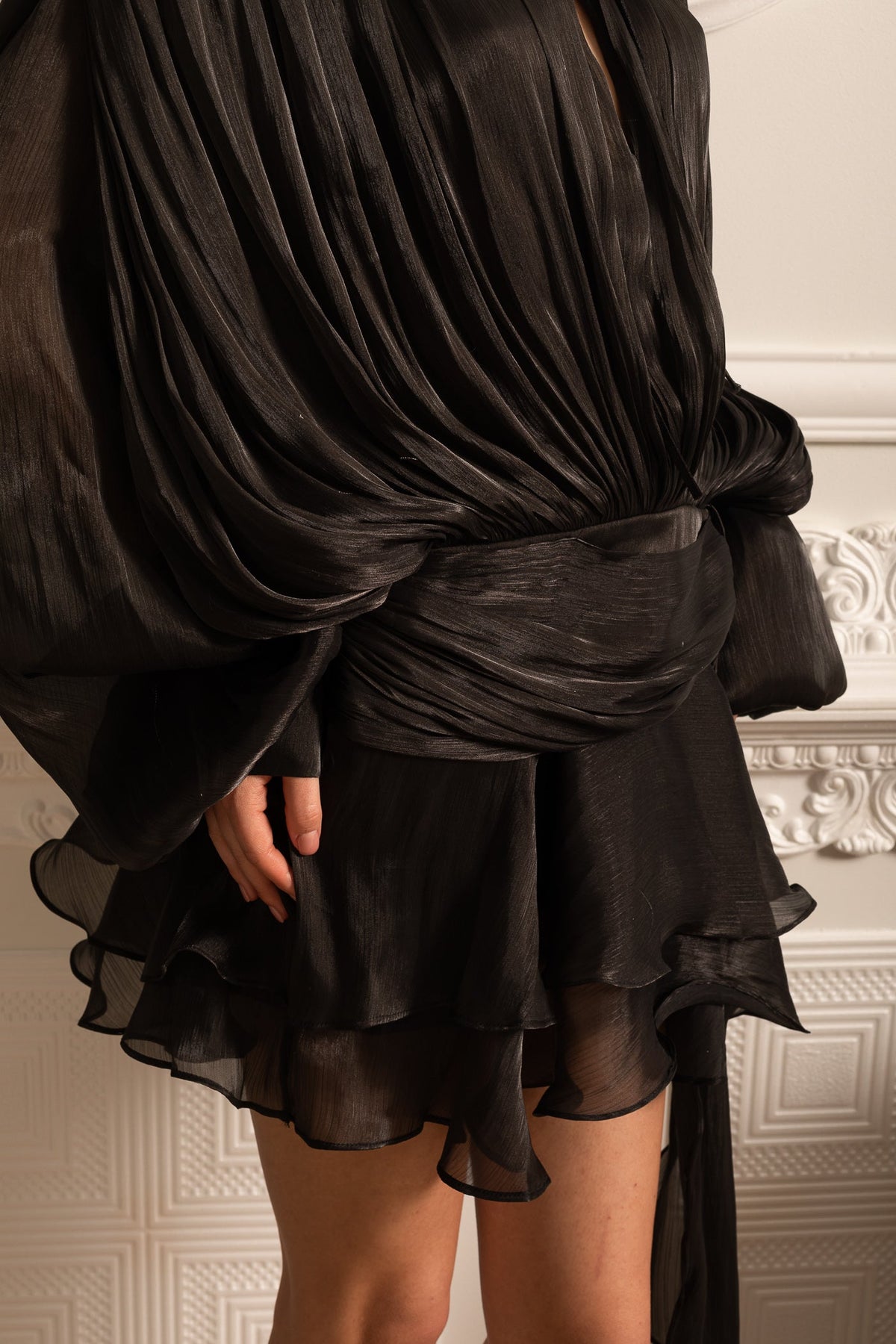Draped Long-Sleeved Dress with Mini Skirt And Ruched Waistband - Black