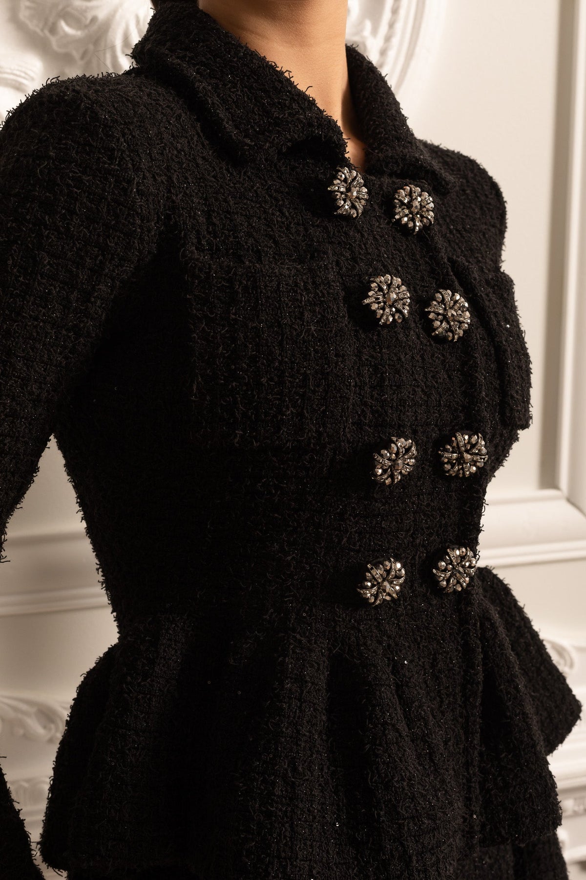 Knitted Textured Dress With Peplum Waist And Decorative Buttons - Black