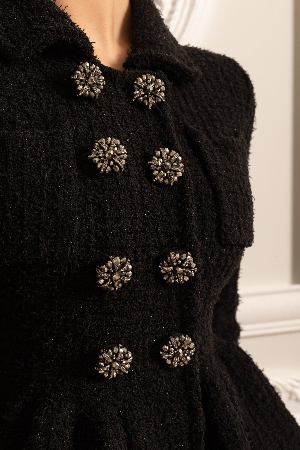 Knitted Textured Dress With Peplum Waist And Decorative Buttons - Black