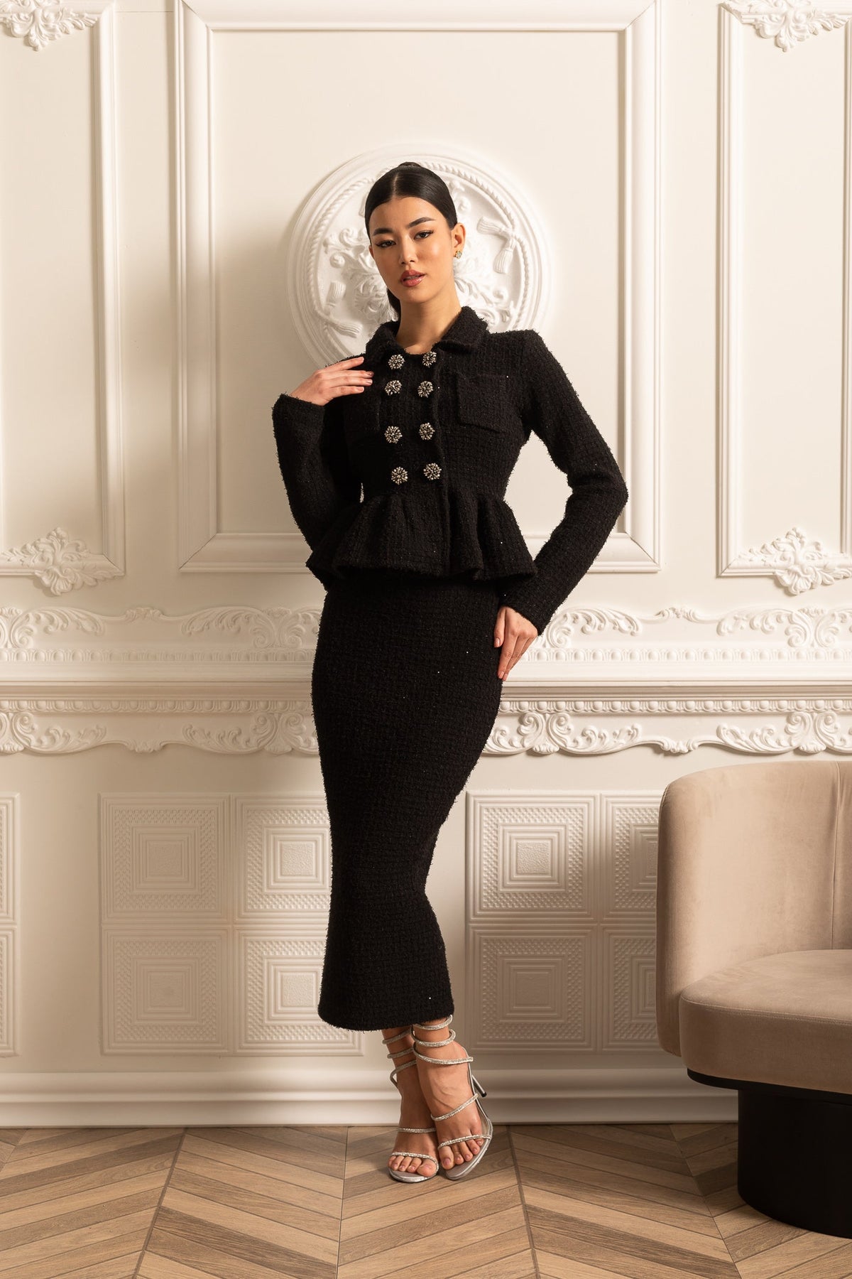 Knitted Textured Dress With Peplum Waist And Decorative Buttons - Black
