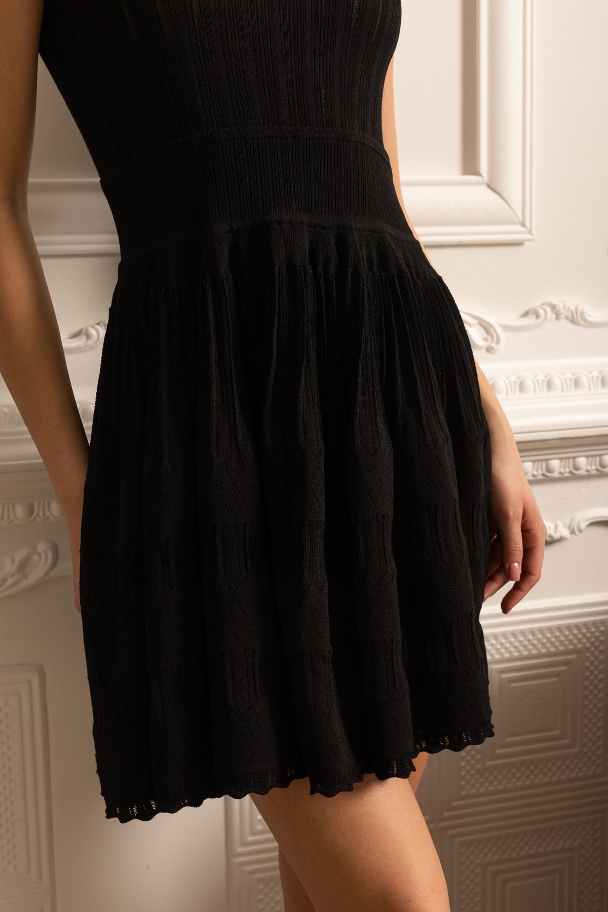 Fitted Mini Dress With Ribbed Texture - Black