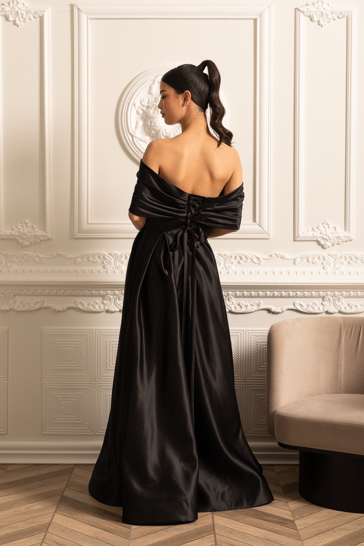 Off-Shoulder Satin Gown With Draping Skirt And Back Laces Closure - Black
