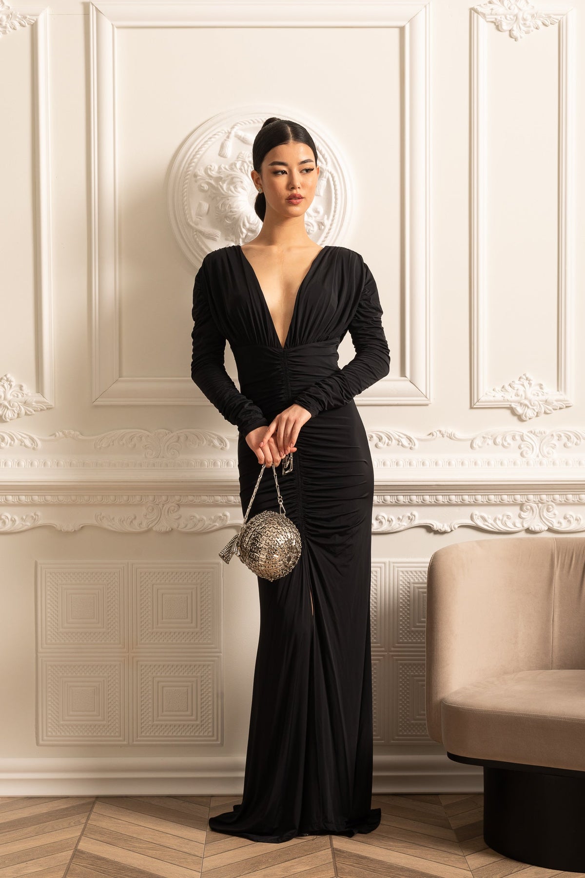 Elegant Ruched Dress With Deep Neckline - Black