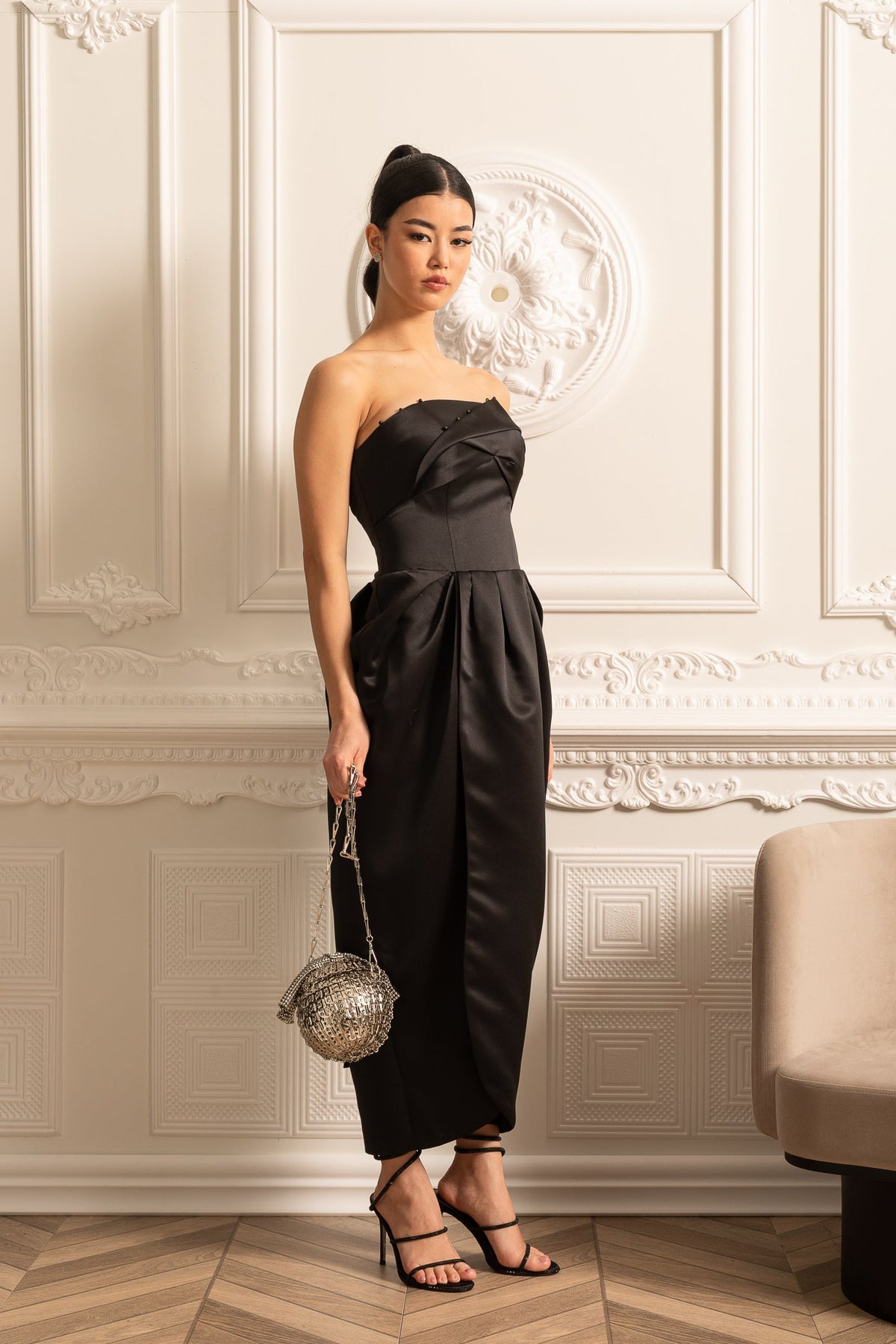 Strapless Midi Dress With Ruched Chest Detailing - Black