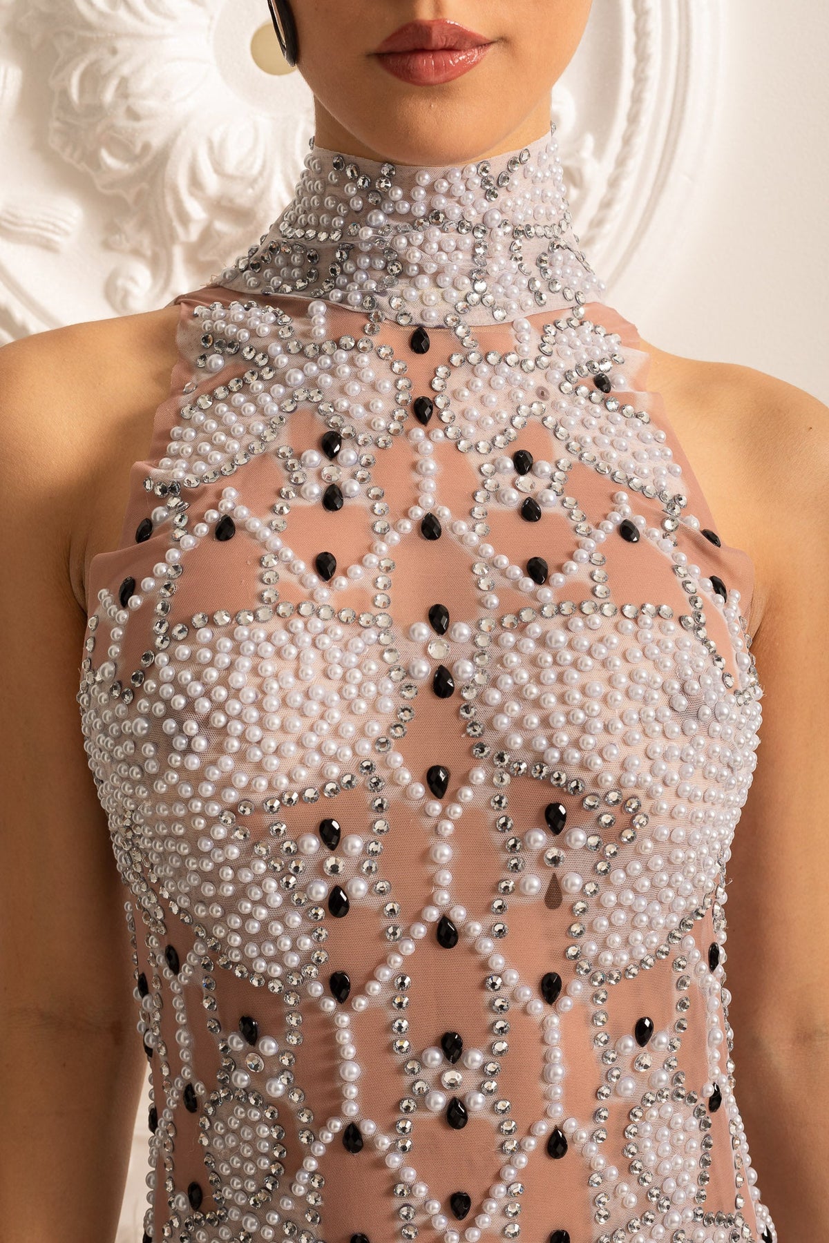 Beaded Halter Dress With Geometric Pattern - Beige