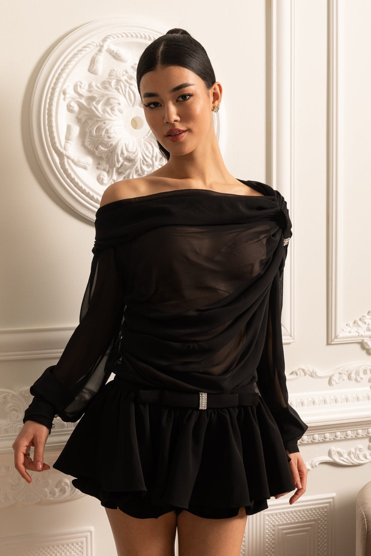 Sheer Off-Shoulder Co-Ord With Long Sleeves And Mini Skirt - Black
