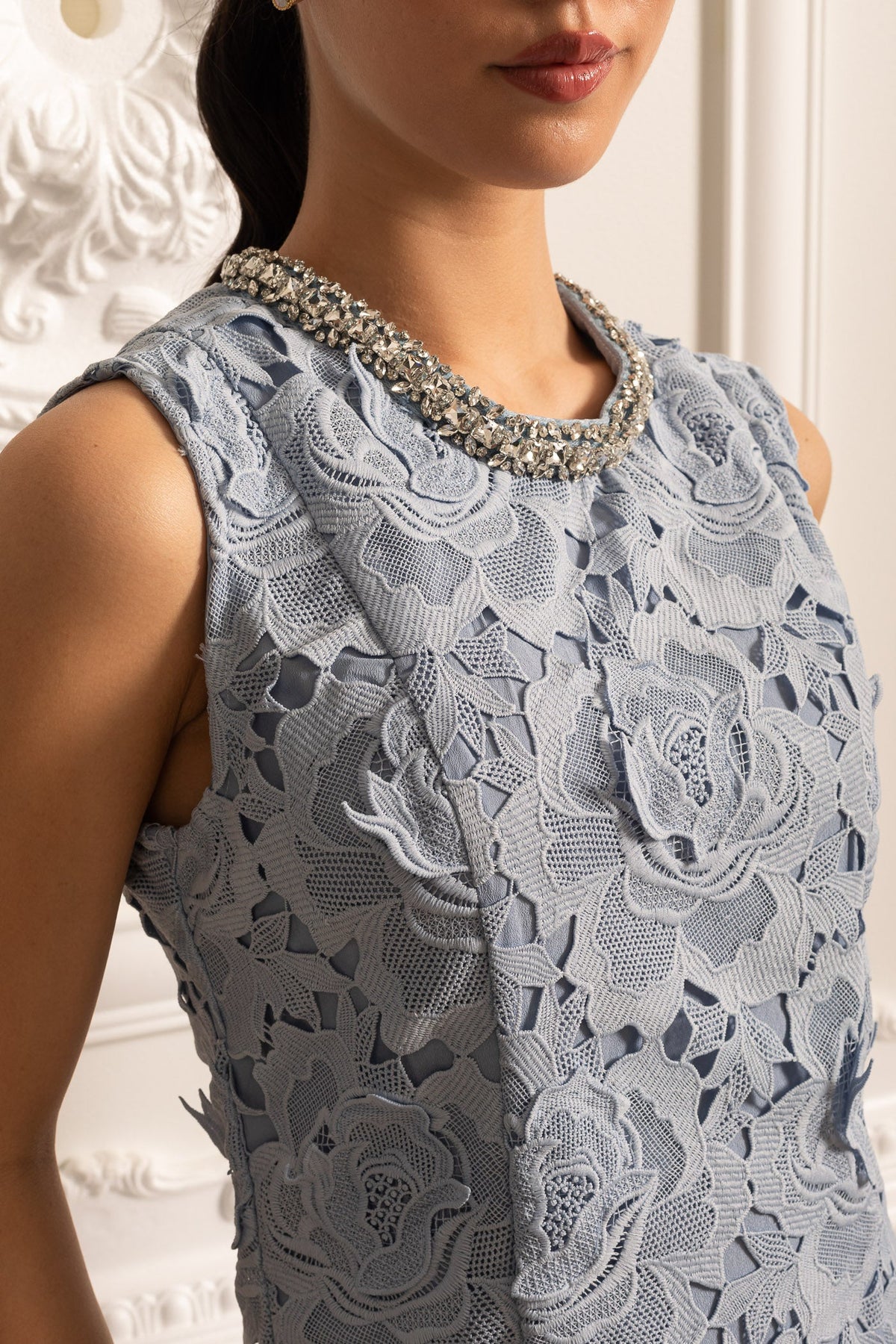 Floral Pattern Lace Mini Dress With Sparkling Neckline  - Blue