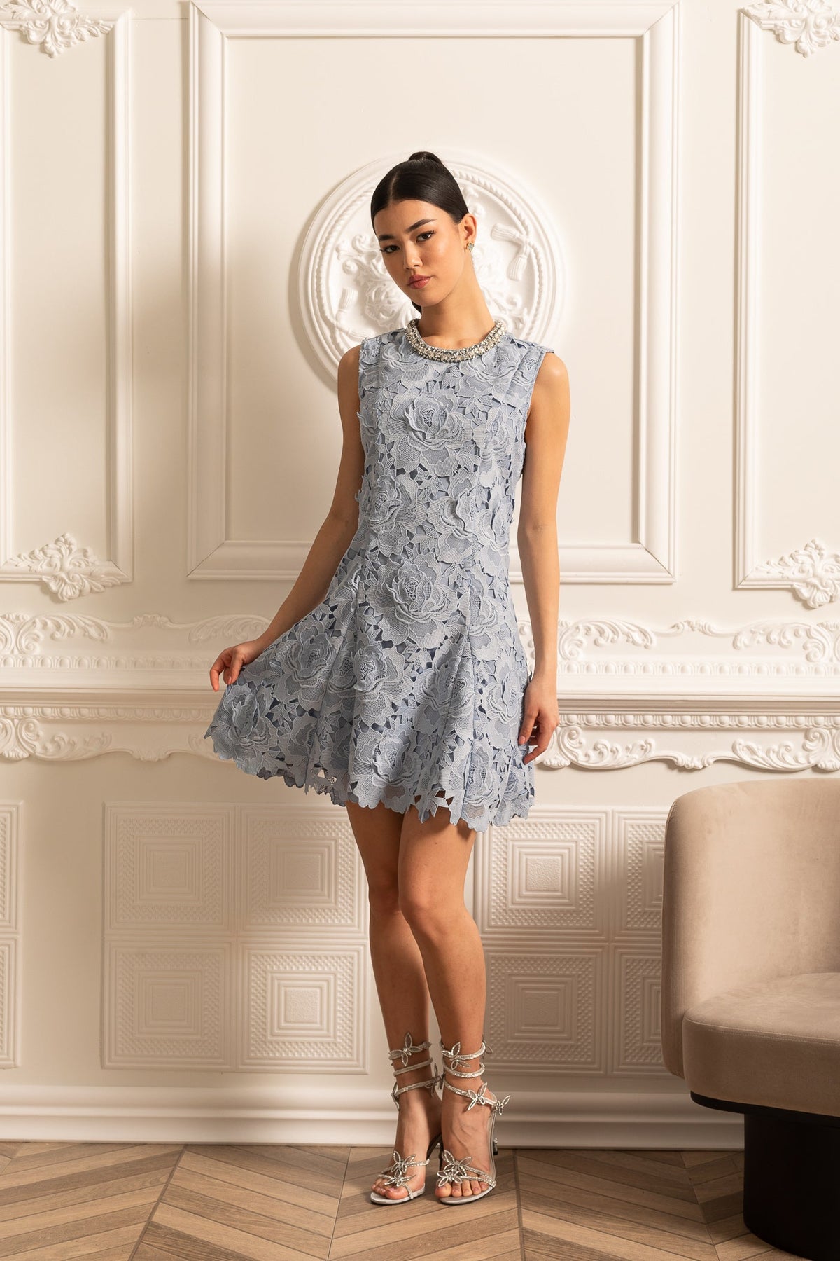 Floral Pattern Lace Mini Dress With Sparkling Neckline  - Blue