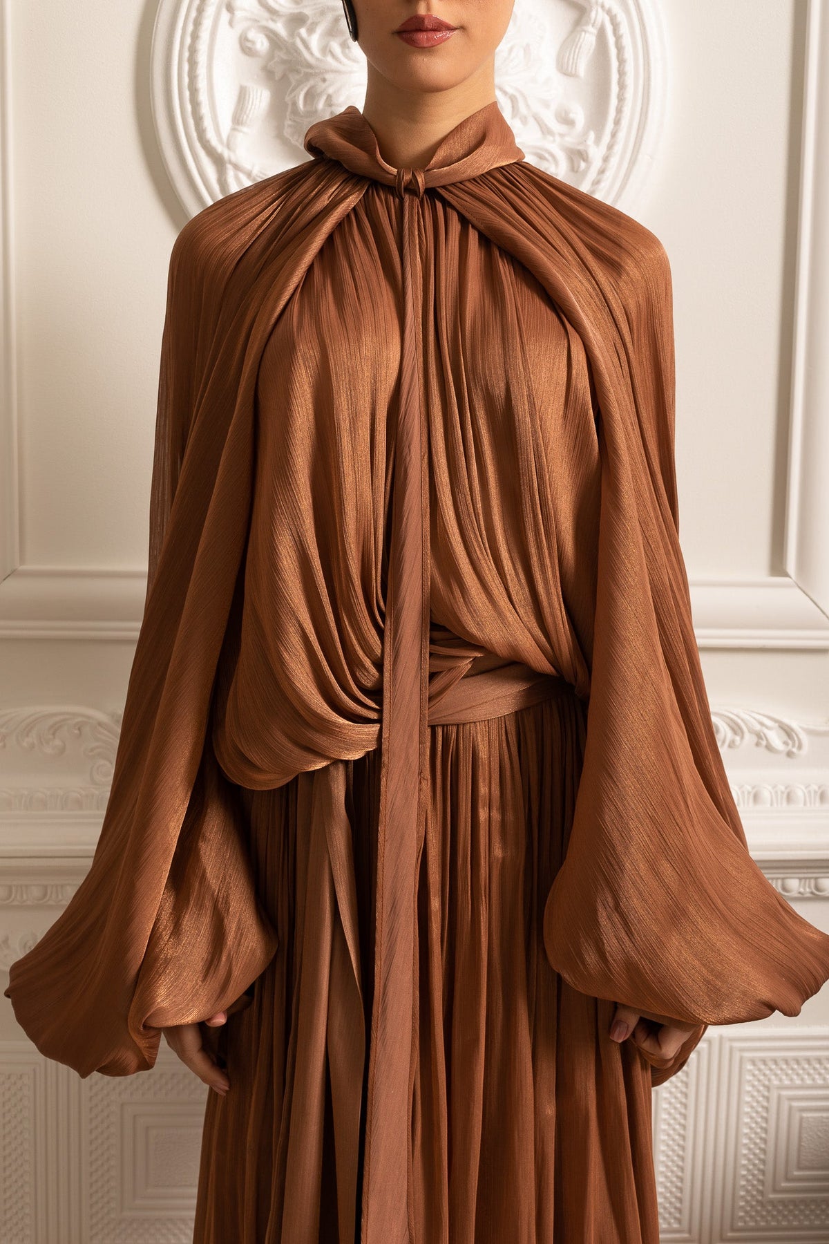 Elegant Gown With Voluminous Sleeves And Flowing Silhouette - Brown