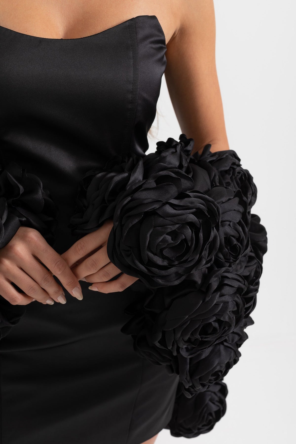 Mini Strapless Dress With Detachable 3D Floral Adornments - Black