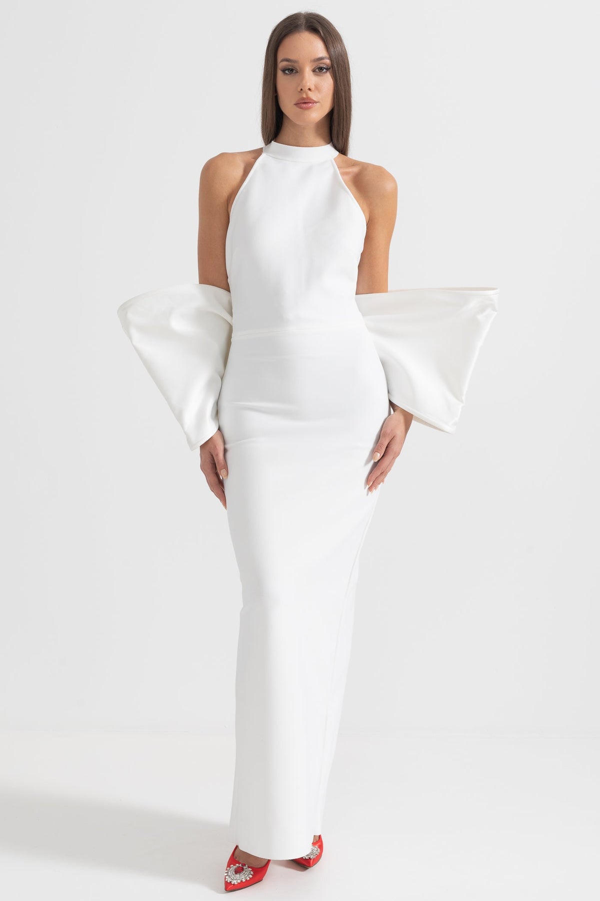 Elegant Dress With Back Bow Details - White