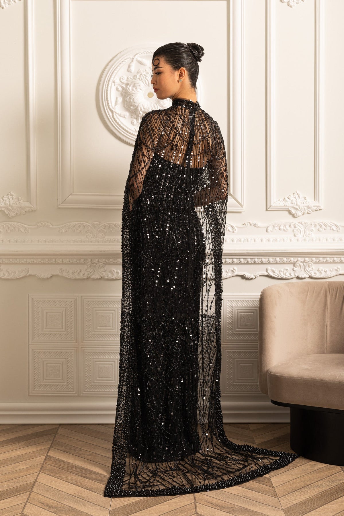 Glamourous Beaded Gown With Detachable Veil - Black