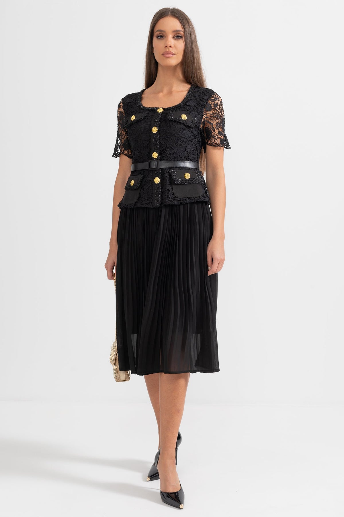 Elegant Short Sleeved Dress With Lace Top And Flared Skirt - Black