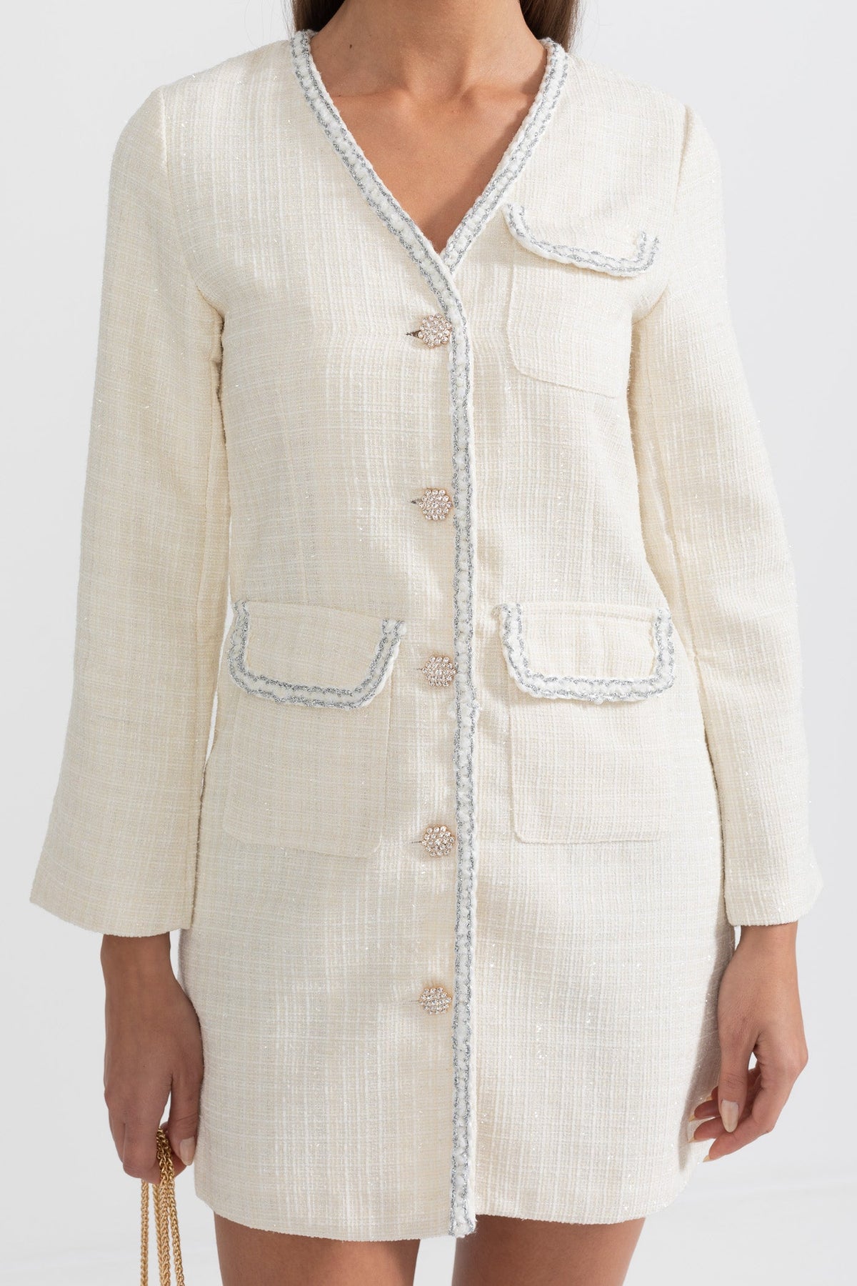 Modern Silver Stitching Dress - White