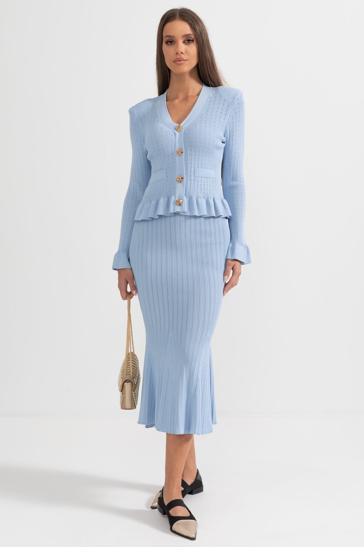 Ruffled Jacket & Flared Skirt Knit Matching Set - Baby Blue