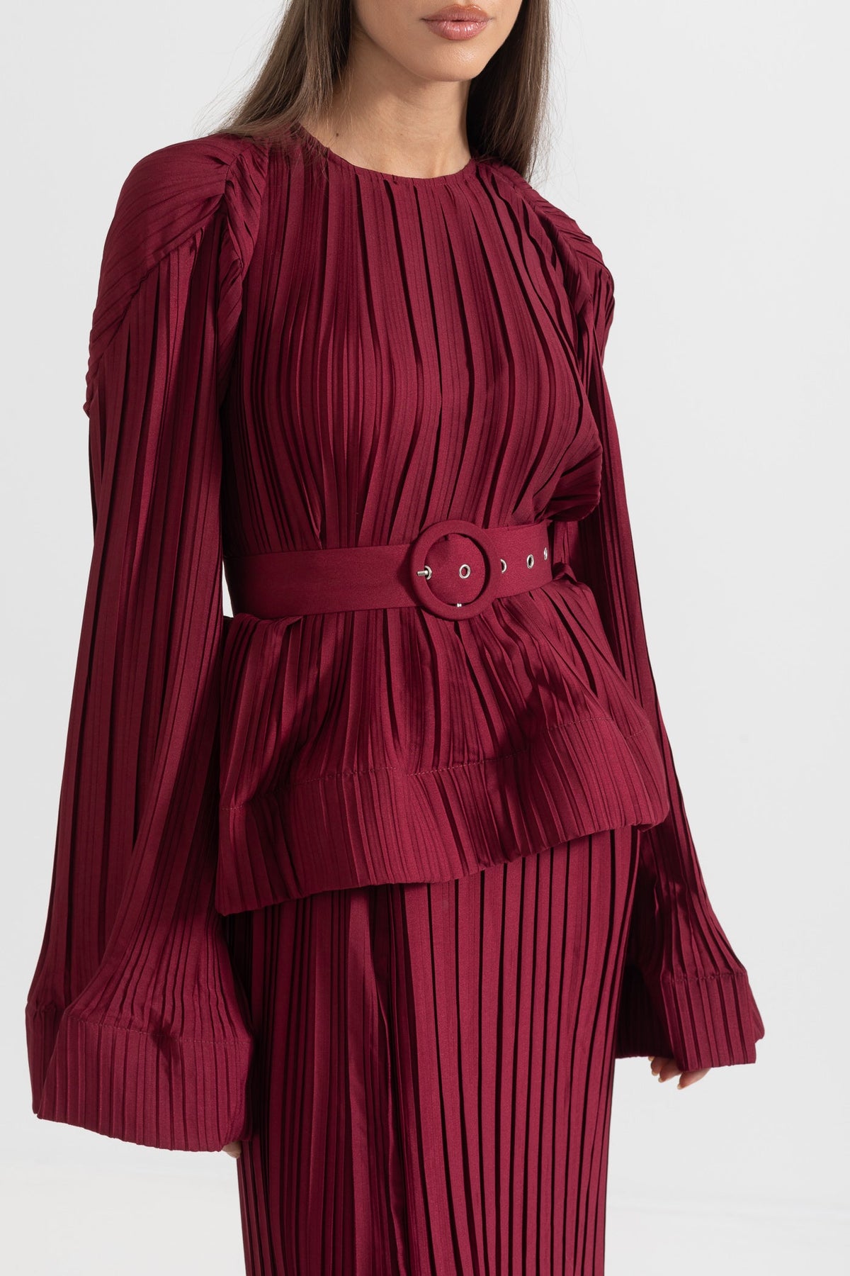 Elegant Ensemble With Pleated Top And Maxi Skirt - Burgundy